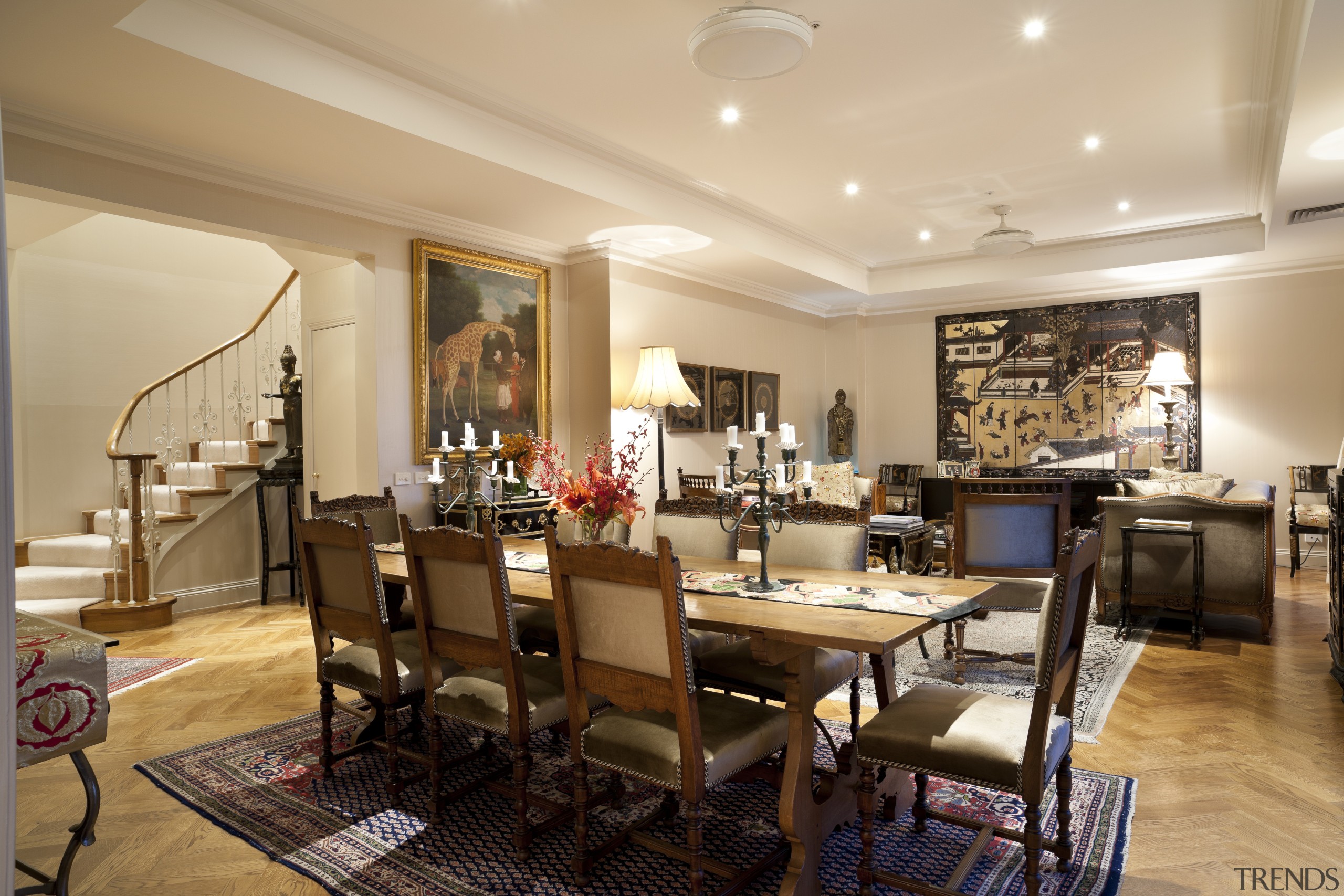 Heirloom rugs demarcate areas of use and soften ceiling, dining room, interior design, living room, real estate, restaurant, room, table, orange, brown