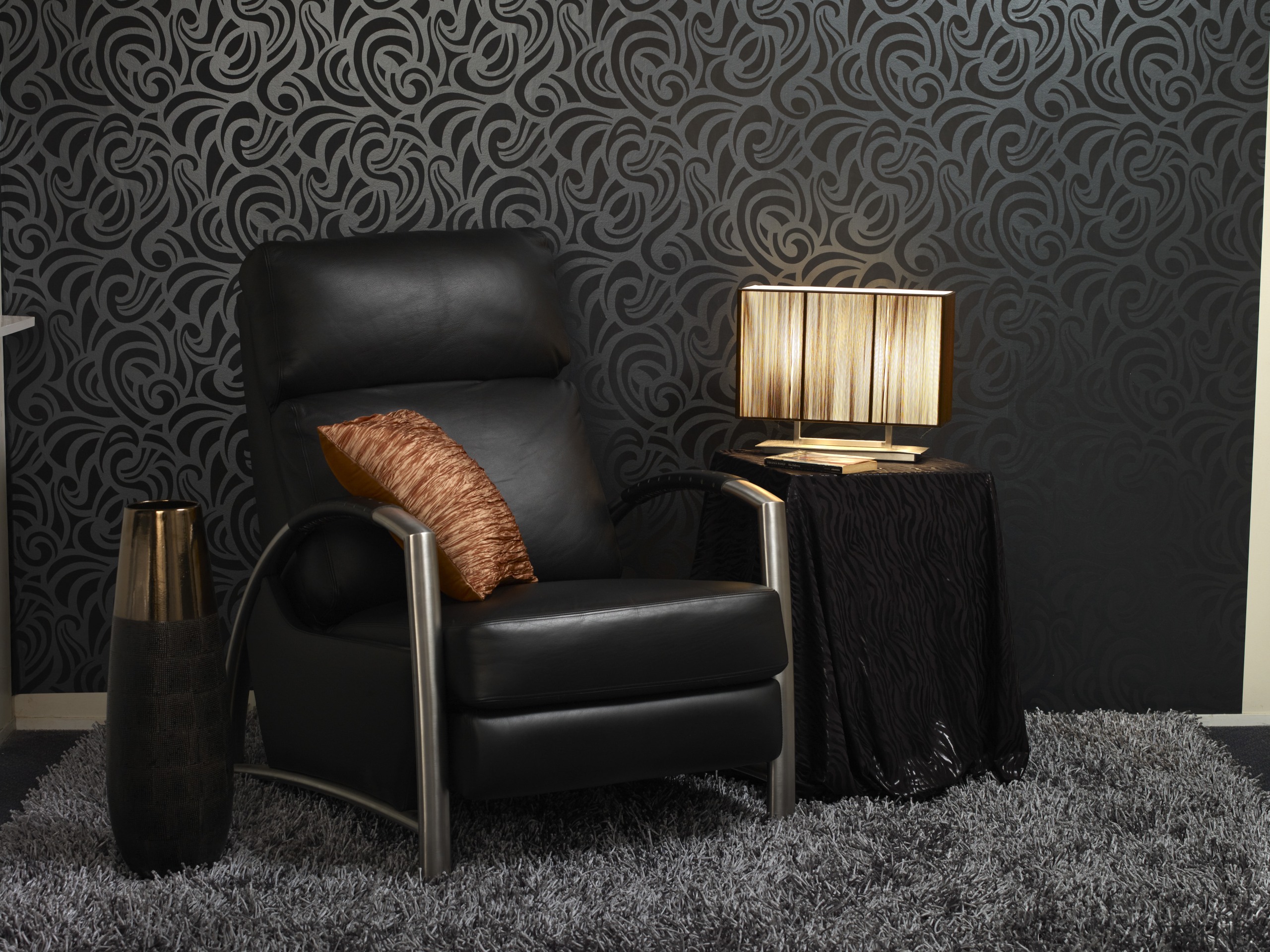 View of the wallcoverings by Pacific Wallcoverings chair, couch, furniture, home, interior design, lighting, living room, recliner, wall, wallpaper, black