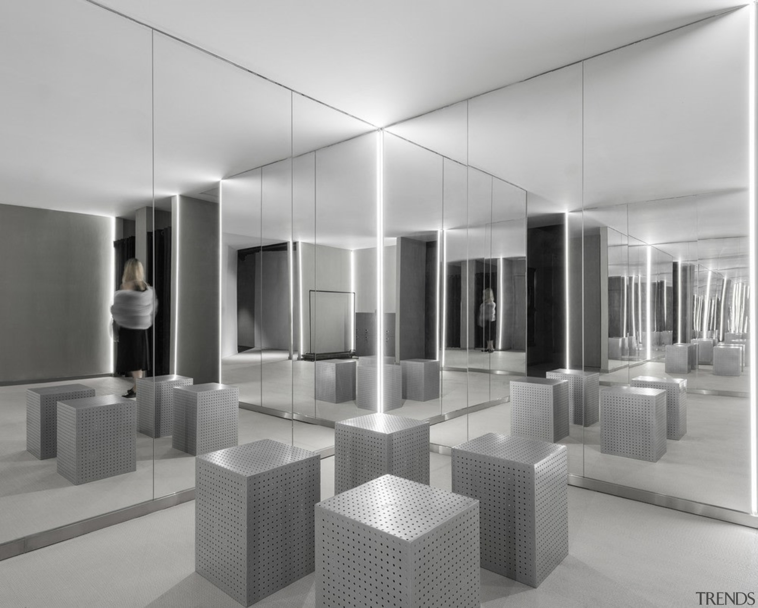 The sequence of rooms in the Jian Li architecture, black and white, ceiling, furniture, interior design, lobby, gray