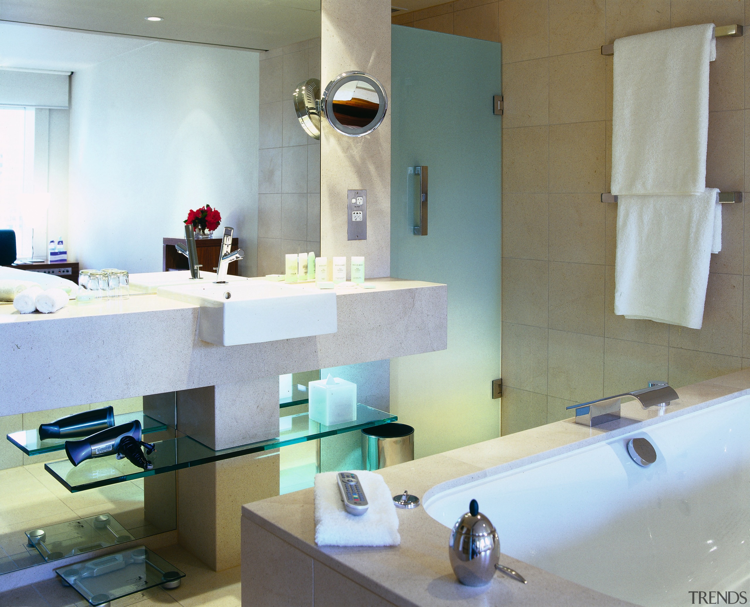 View of bathroom with square basin and cantilevered bathroom, interior design, room, sink, gray