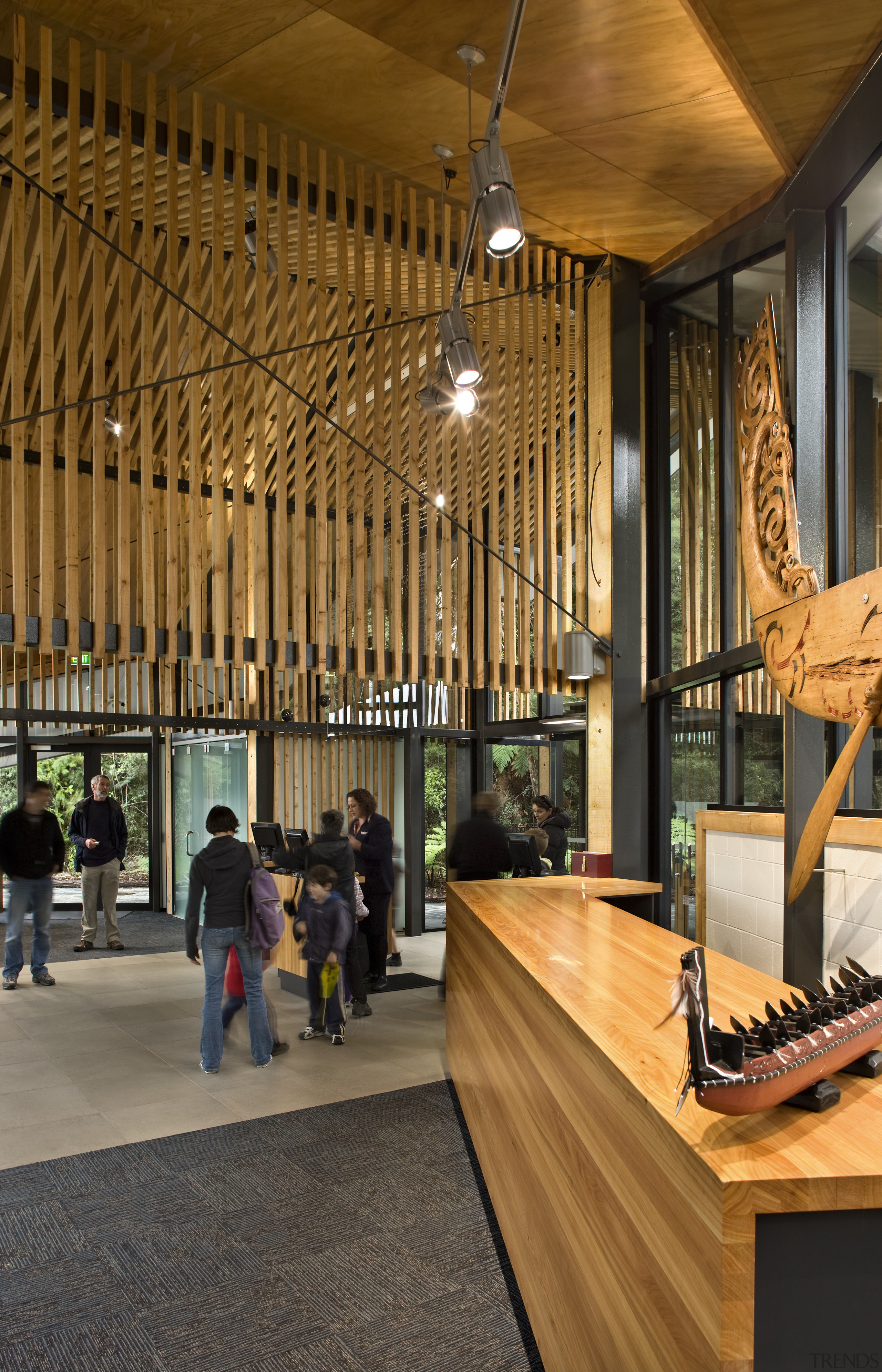 View of steel structured, slatted wood and glass architecture, interior design, lobby, tourist attraction, brown