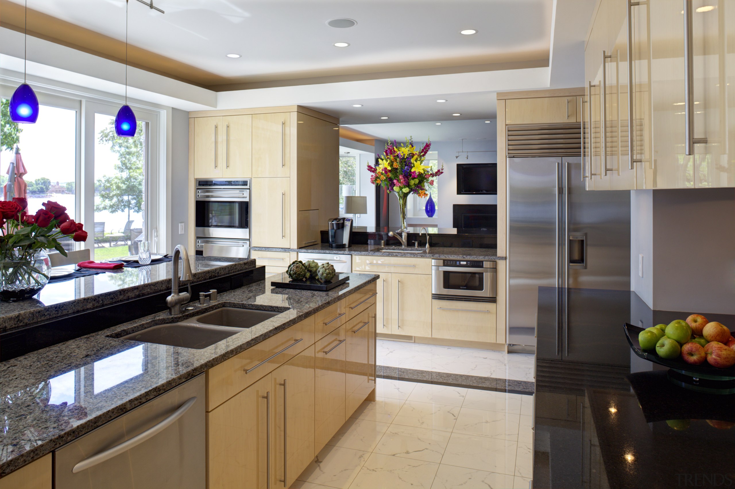 The design of this kitchen creates sightlines between cabinetry, countertop, interior design, kitchen, real estate, gray