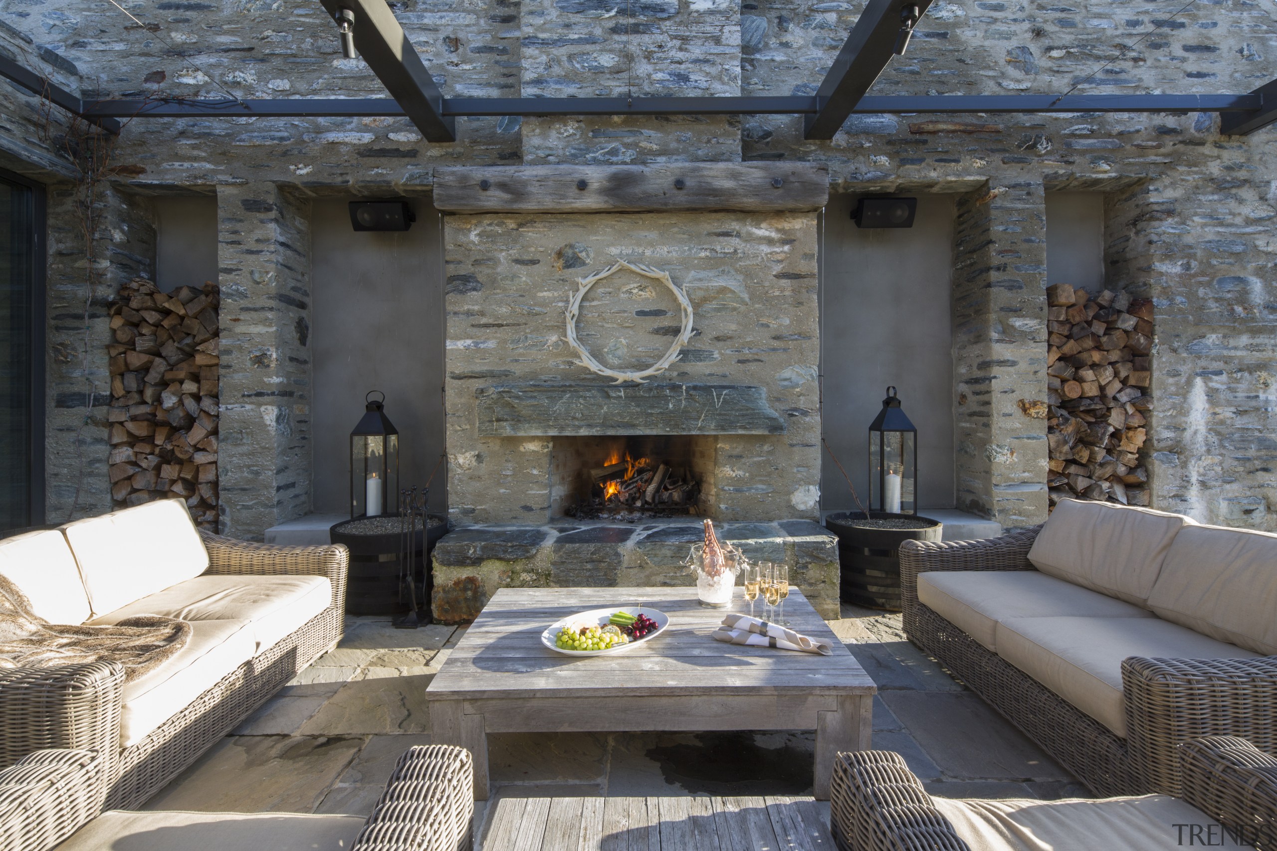 Piwakawaka Point villa, Wanaka, New Zealand - architecture architecture, building, fireplace, furniture, hearth, interior design, living room, property, room, stone wall, wall, gray, black