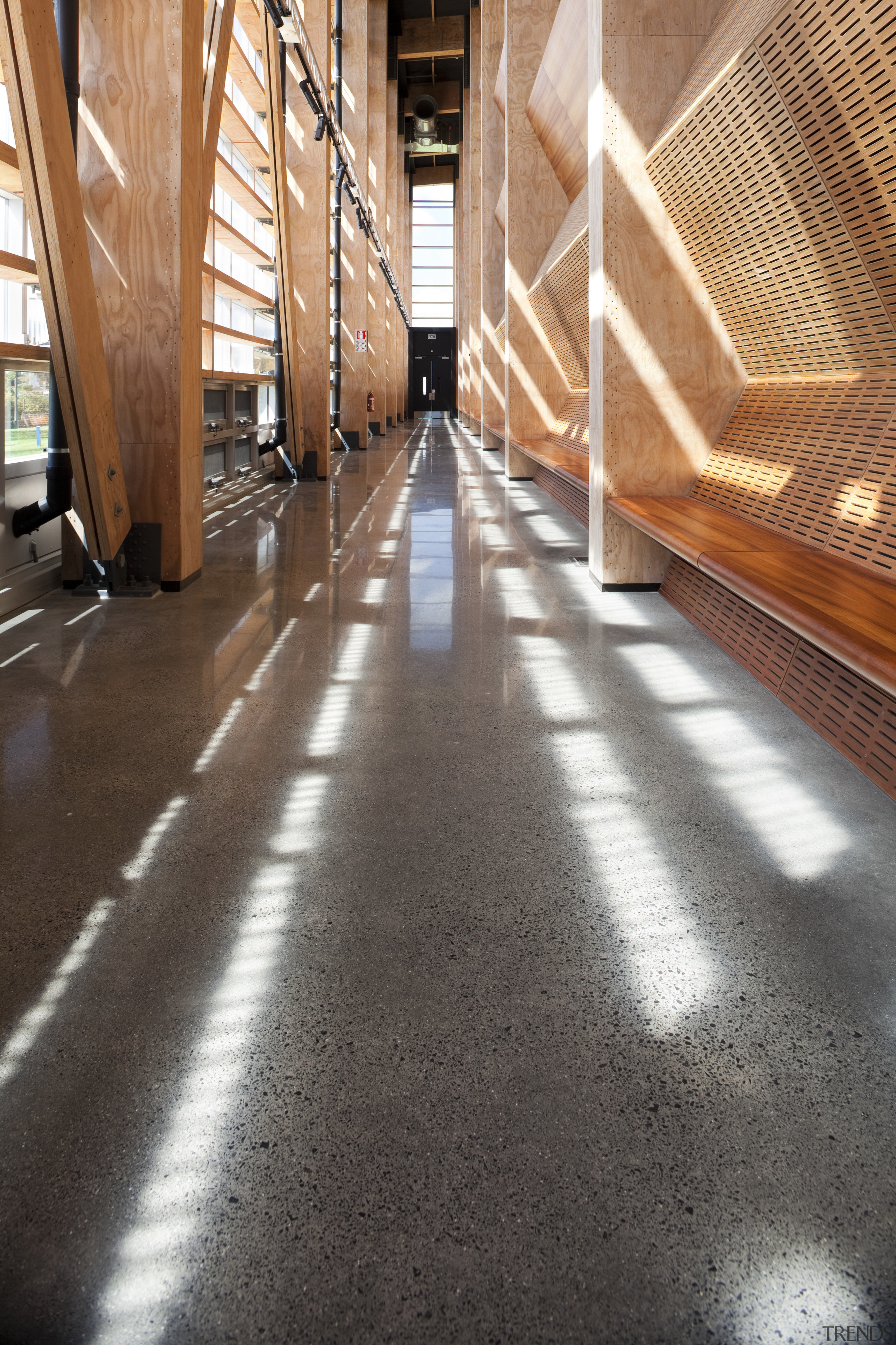 Solid Floors did the polished concrete floor for architecture, daylighting, floor, flooring, hardwood, light, line, structure, sunlight, wood, wood flooring