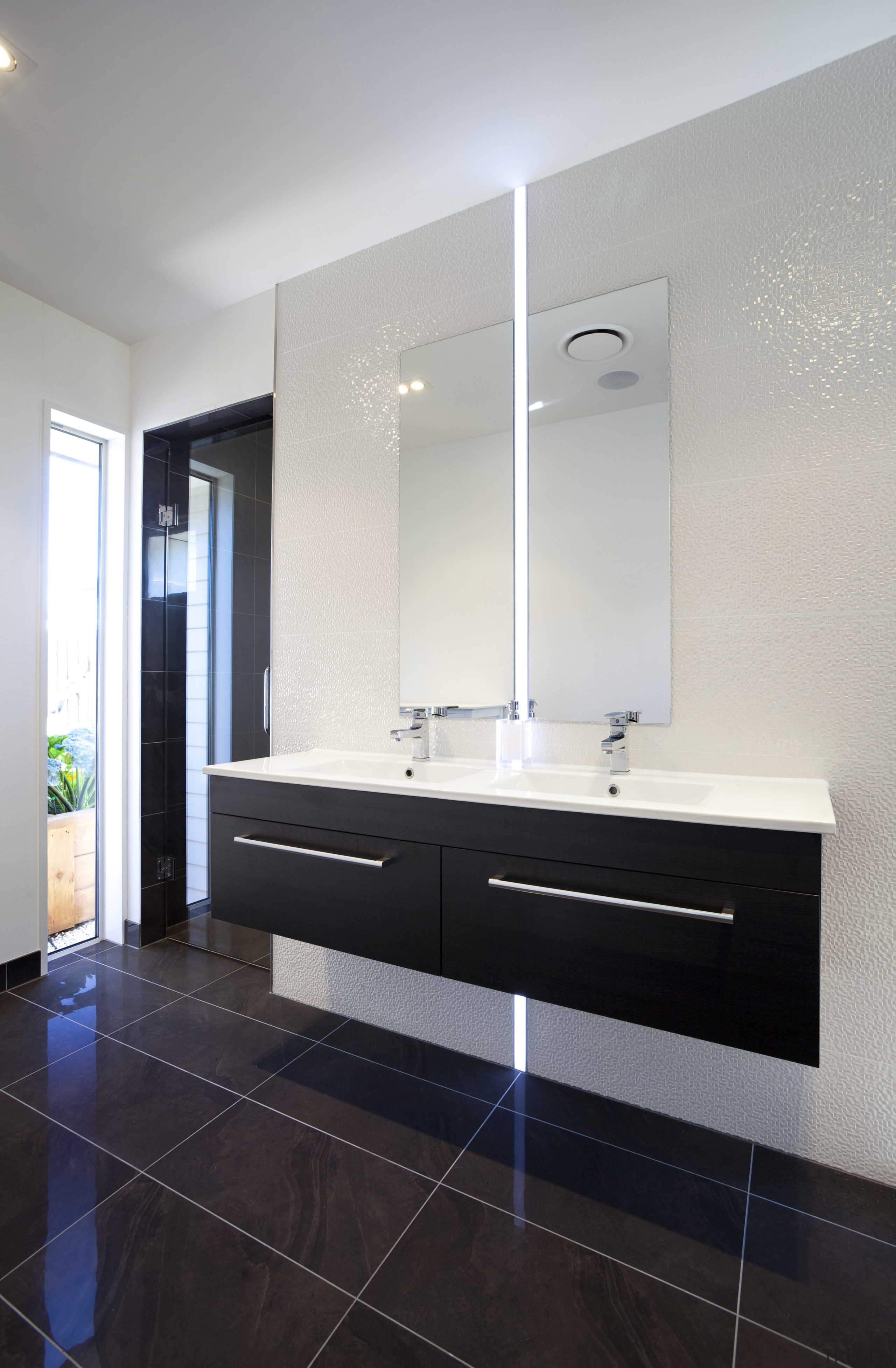 Bathroom with dark vanity and white benchtop, dark architecture, bathroom, bathroom accessory, bathroom cabinet, floor, interior design, room, sink, wall, gray, black, white