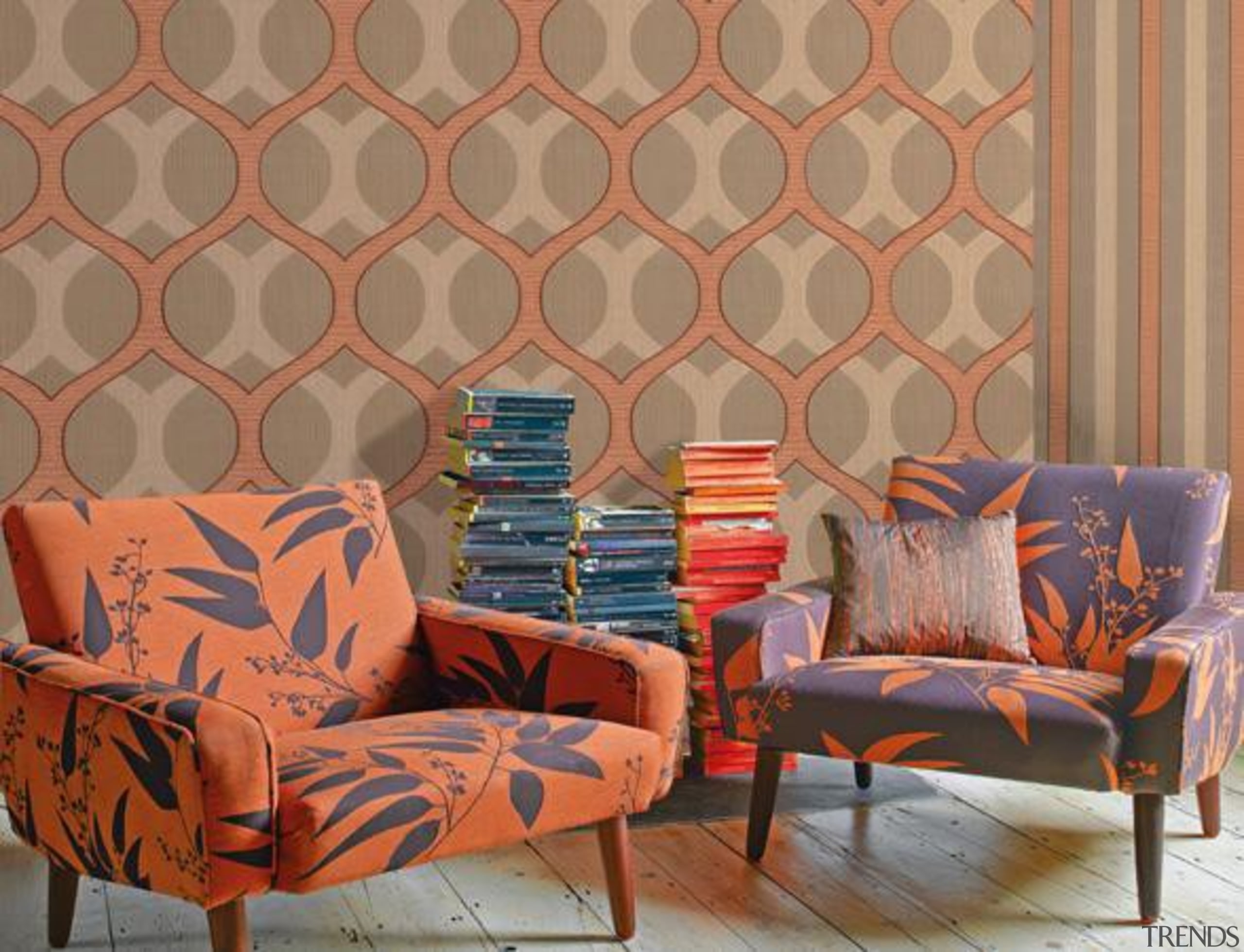 Fotolosanga - Modern Style Range - chair | chair, couch, floor, flooring, furniture, home, interior design, living room, loveseat, room, table, wall, wallpaper, wood, brown, orange