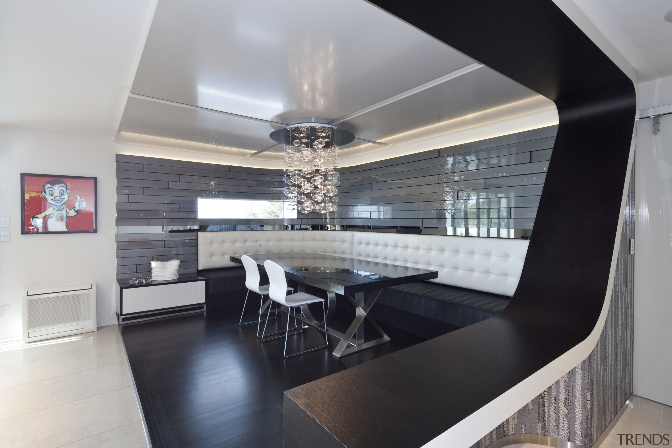 View of dining room which features dark colours ceiling, dining room, floor, interior design, kitchen, property, real estate, room, gray, black