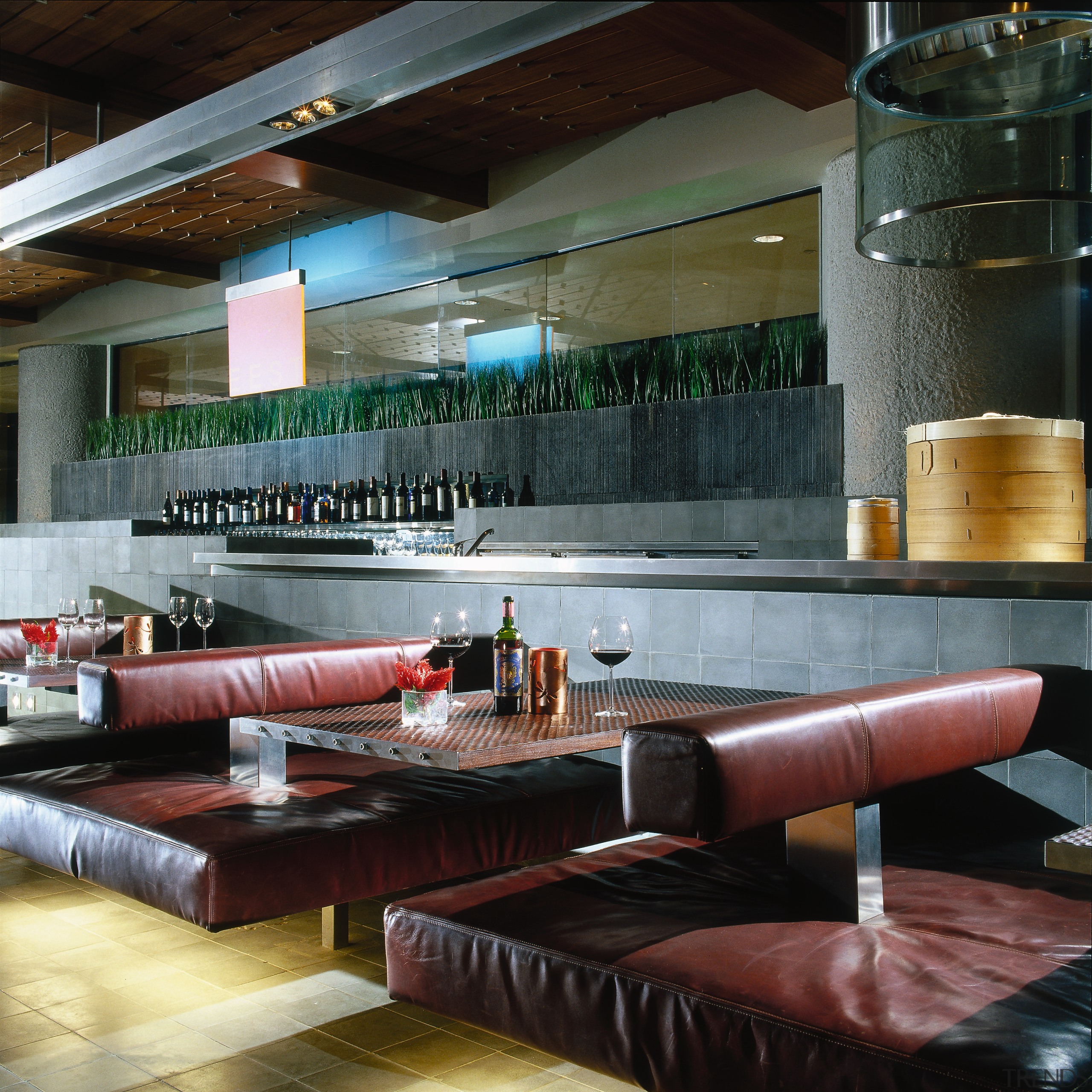 Red leather seats at tables, with restaurant kitchen interior design, lobby, restaurant, black, gray