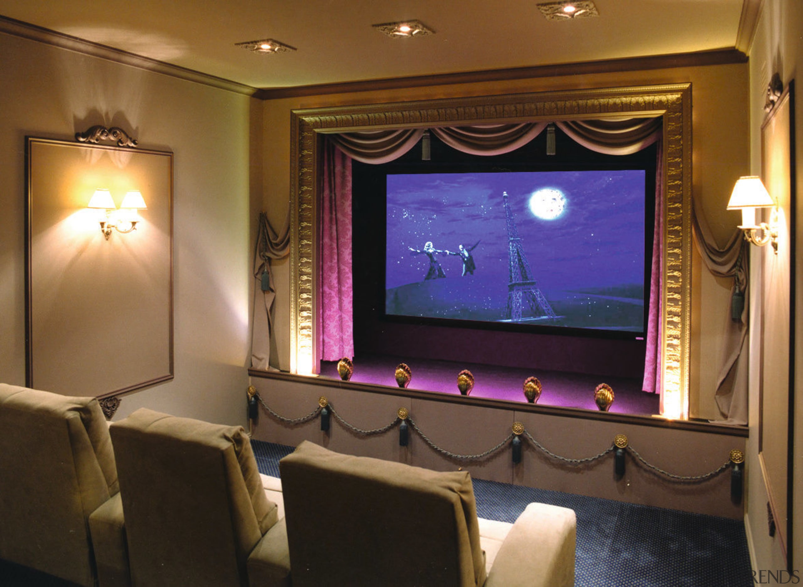 view of the custom designed home theatre and entertainment, interior design, lighting, room, brown