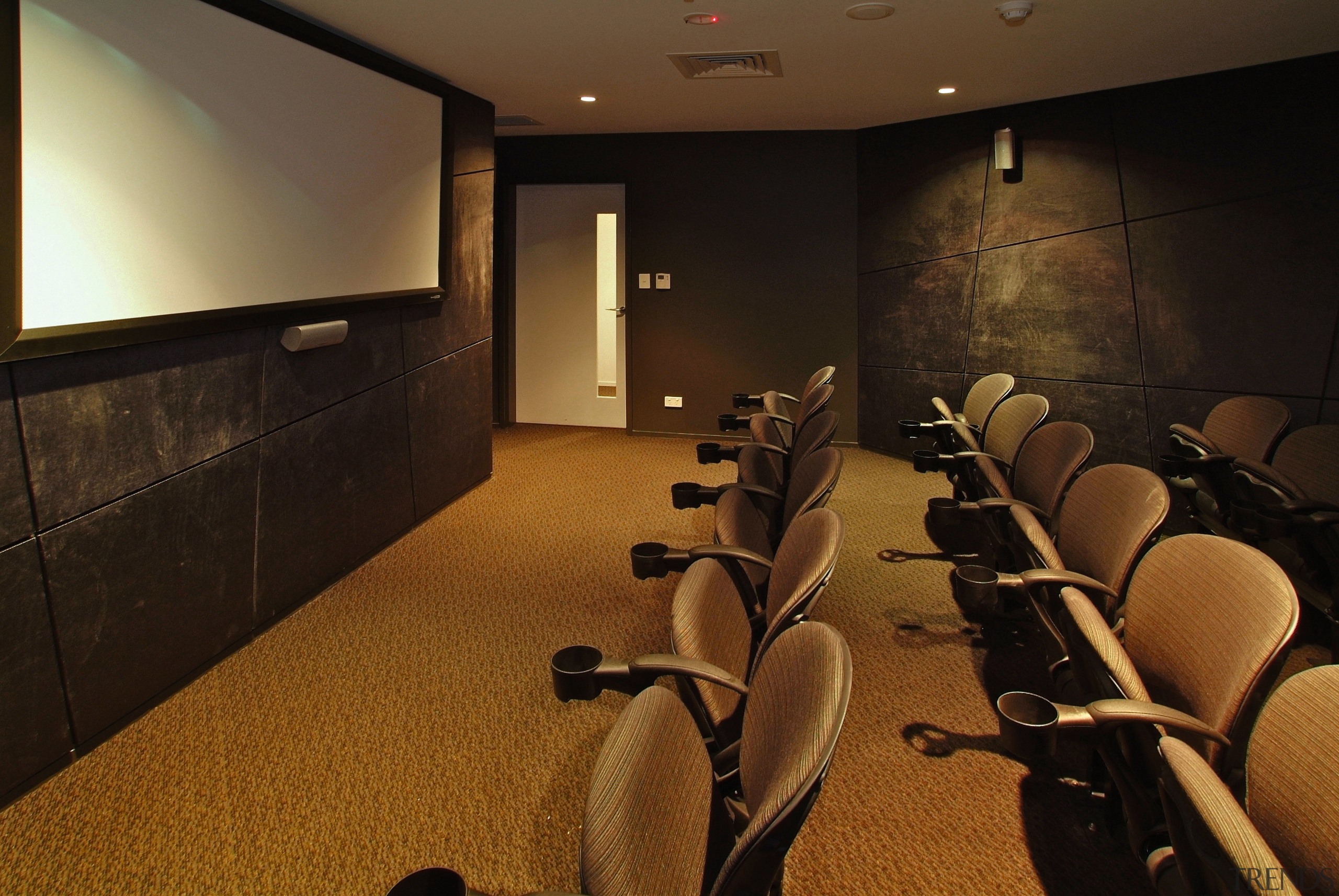 View of mini cinema with cinema chairs and auditorium, conference hall, interior design, room, brown, black