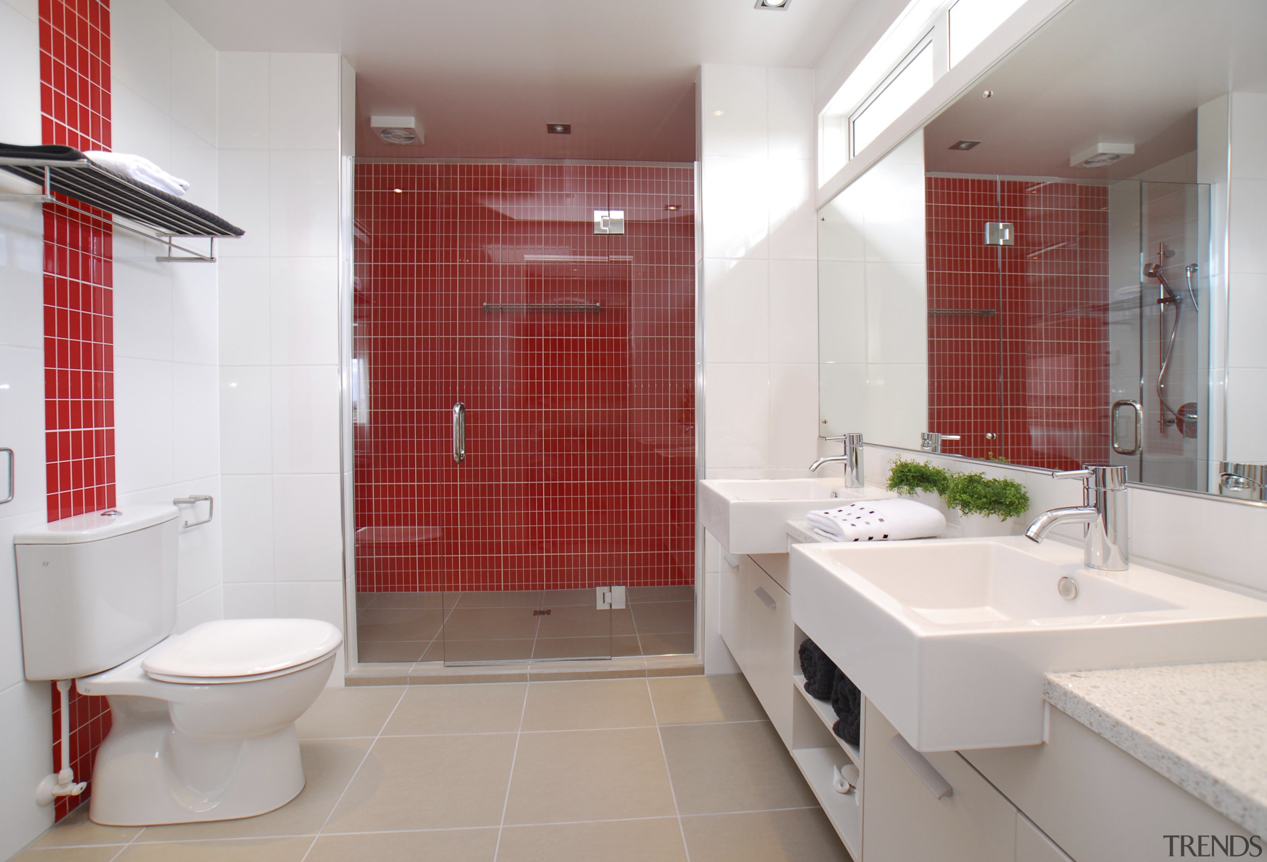 Bright feature wall tiles create a light, contemporary bathroom, floor, home, interior design, property, real estate, room, tile, gray, red