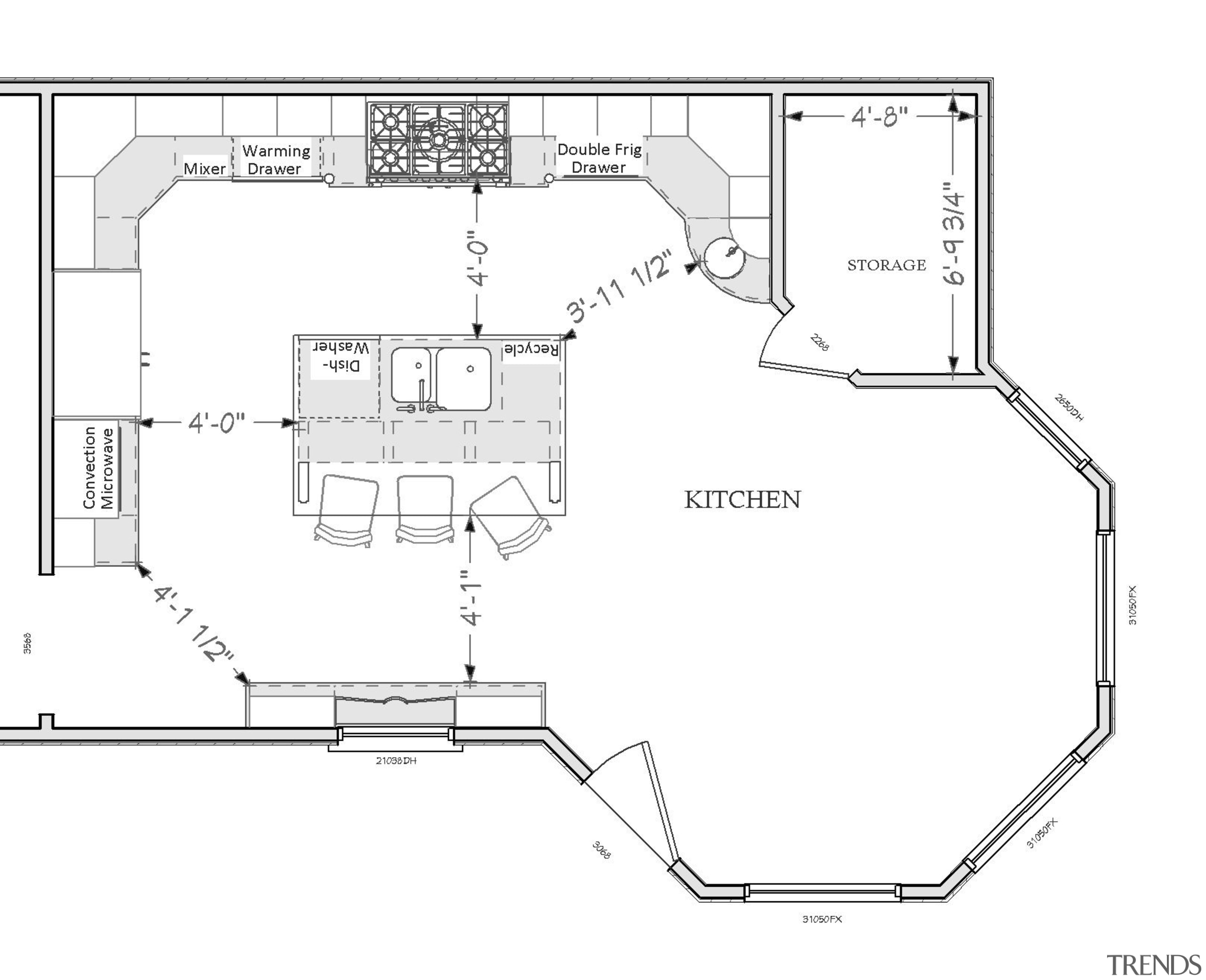 View of remodelled kitchen, with light-toned cabinetry and area, diagram, drawing, floor plan, line, plan, product design, white