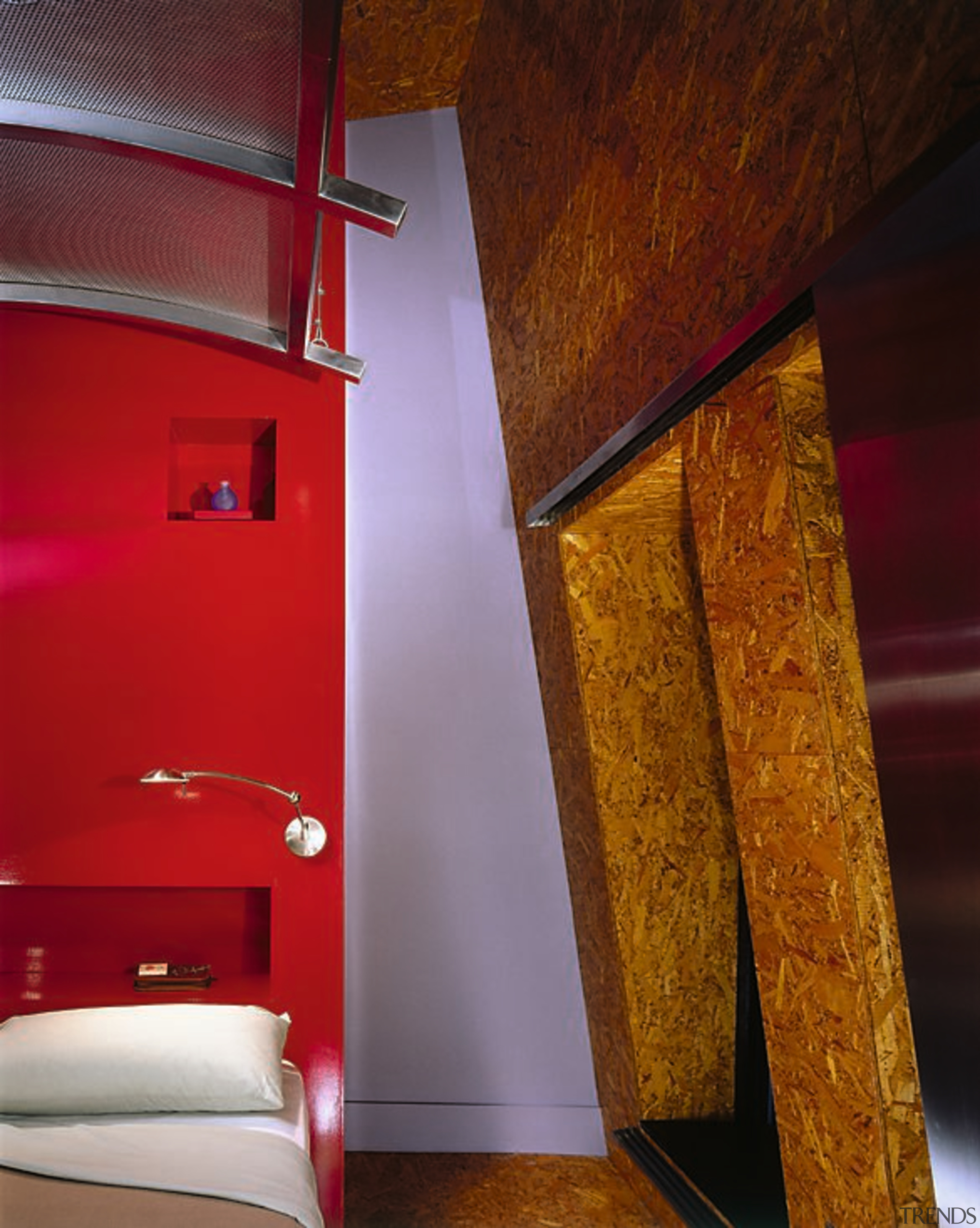 A detail of a corner of a bedroom angle, architecture, ceiling, daylighting, floor, flooring, house, interior design, lighting, room, wall, wood, wood stain, red