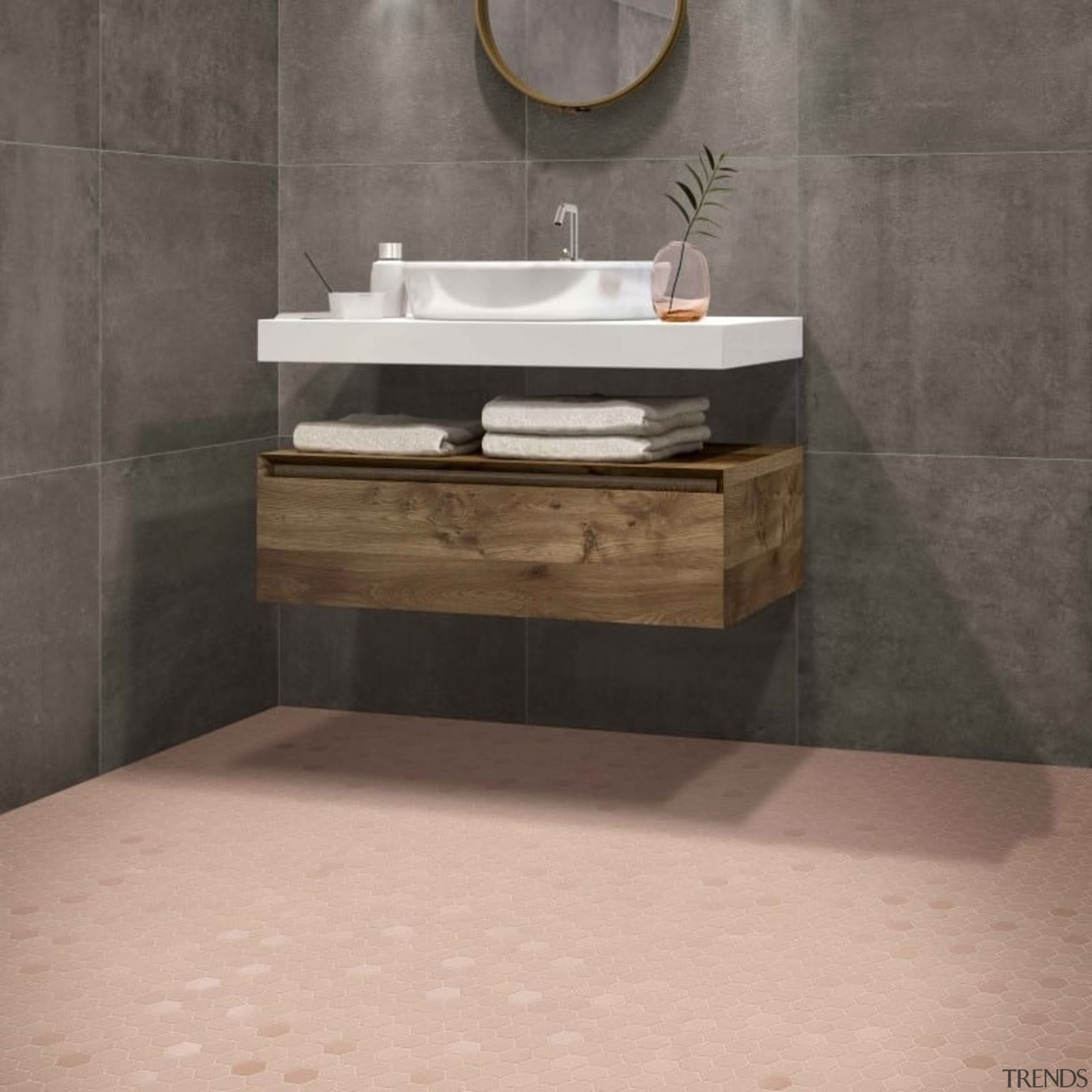 Beton Still Rosy Blush Hex Mosaic - Beton bathroom, bathroom accessory, bathroom cabinet, bathroom sink, ceramic, drawer, floor, flooring, plumbing fixture, sink, tap, tile, wall, gray, orange