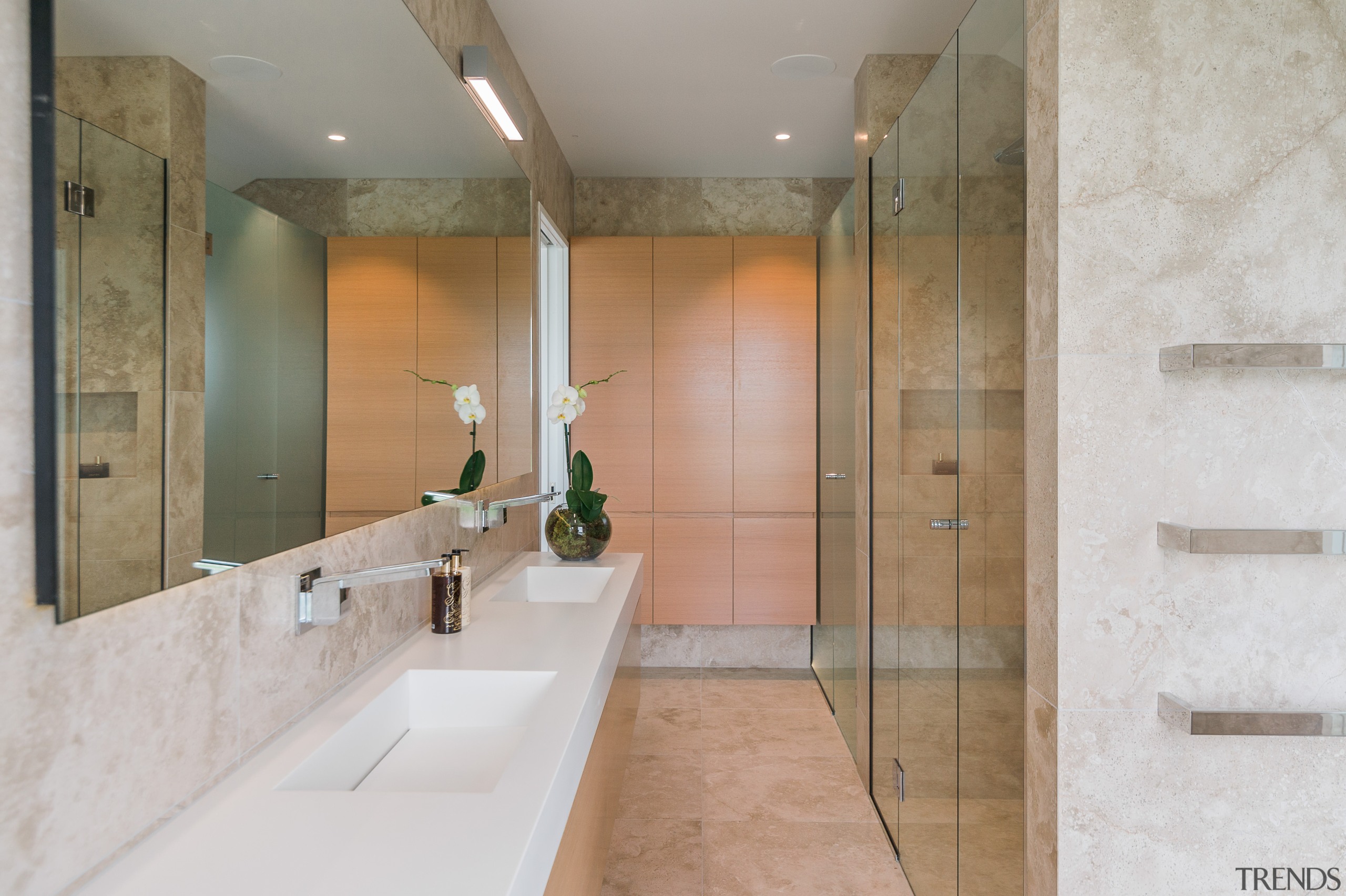 This long, narrow bathroom has the toilet at architecture, bathroom, floor, interior design, room, tile, gray