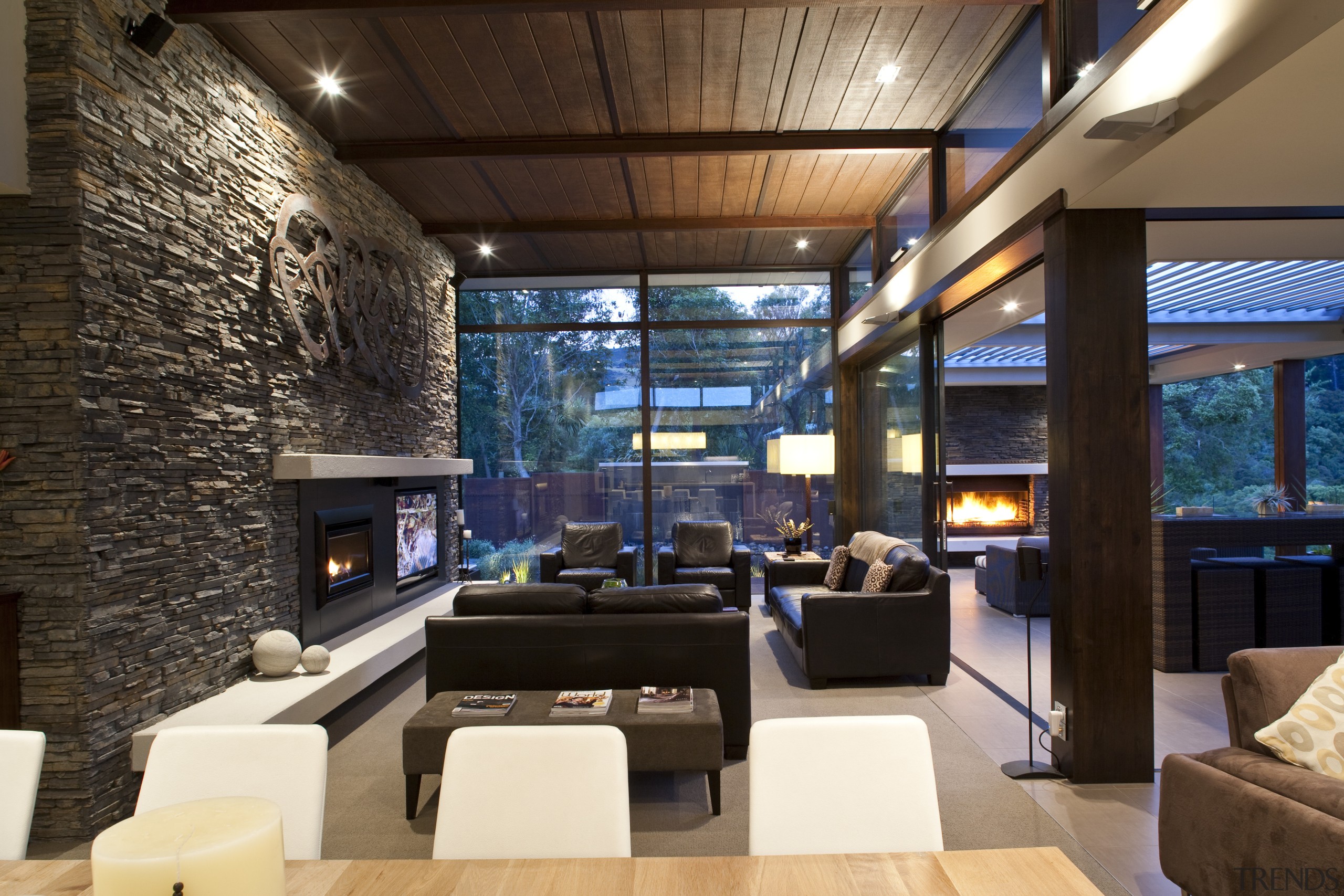 View of living space which features floor to interior design, living room, lobby, real estate, black