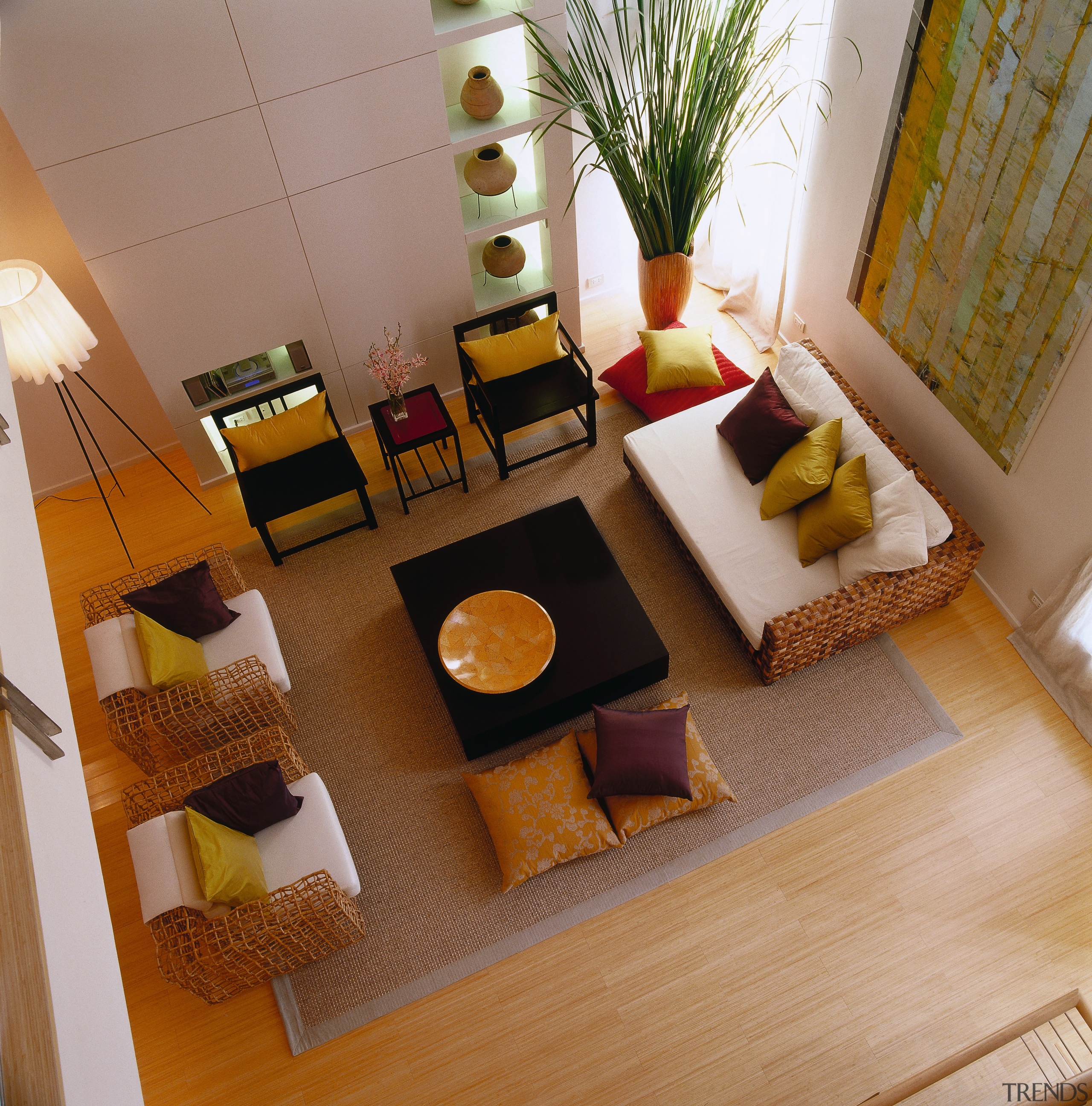 Overlook of the living area from mezzanine floor. floor, flooring, furniture, home, interior design, living room, room, table, wood, brown