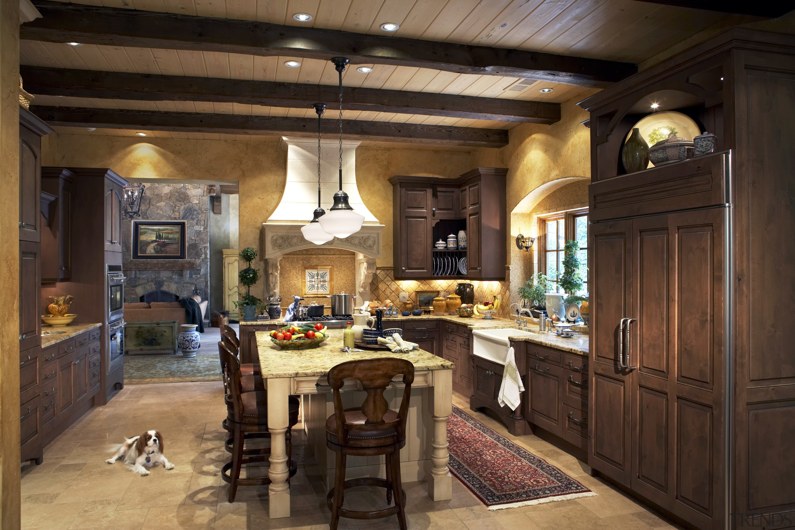 View of kitchen featuring cabinetry, granite countertops, sinks, cabinetry, countertop, cuisine classique, interior design, kitchen, room, brown