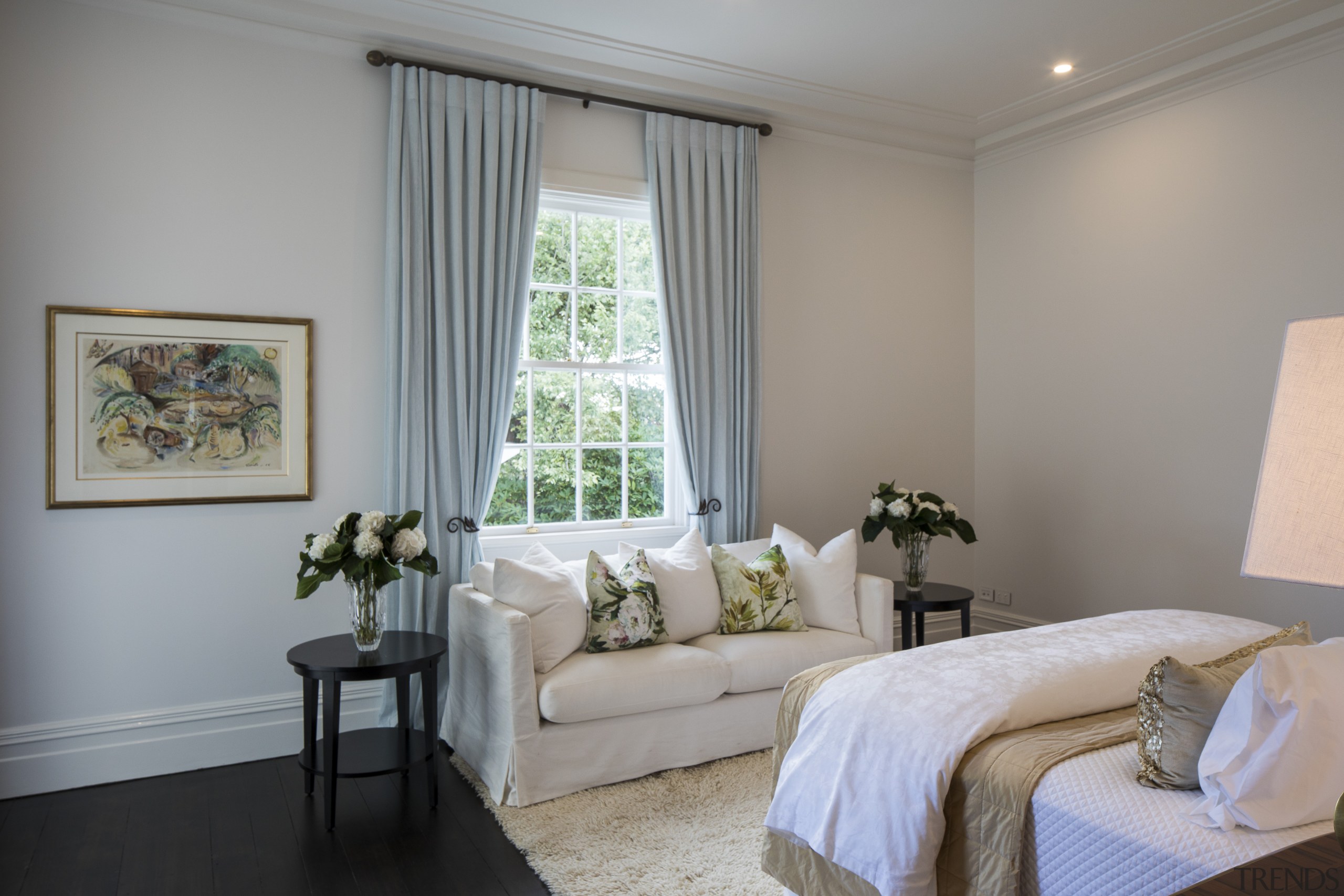 Pale wall tones seen everywhere in this renovated bedroom, ceiling, estate, home, interior design, living room, real estate, room, suite, window, window covering, window treatment, gray