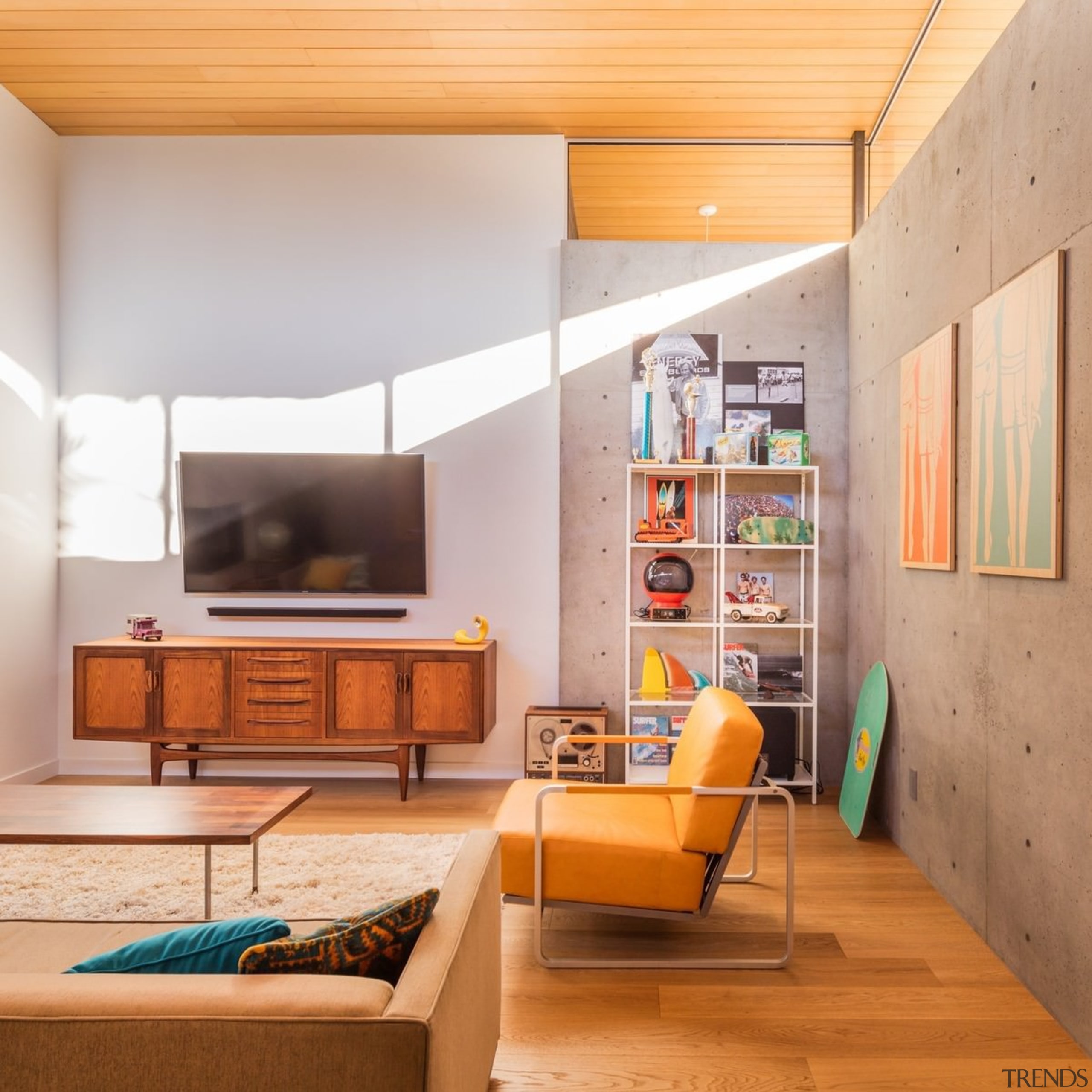 Architect: lloyd russell, aiaPhotography by Darren Bradley architecture, ceiling, furniture, house, interior design, interior designer, living room, loft, wall, orange, gray