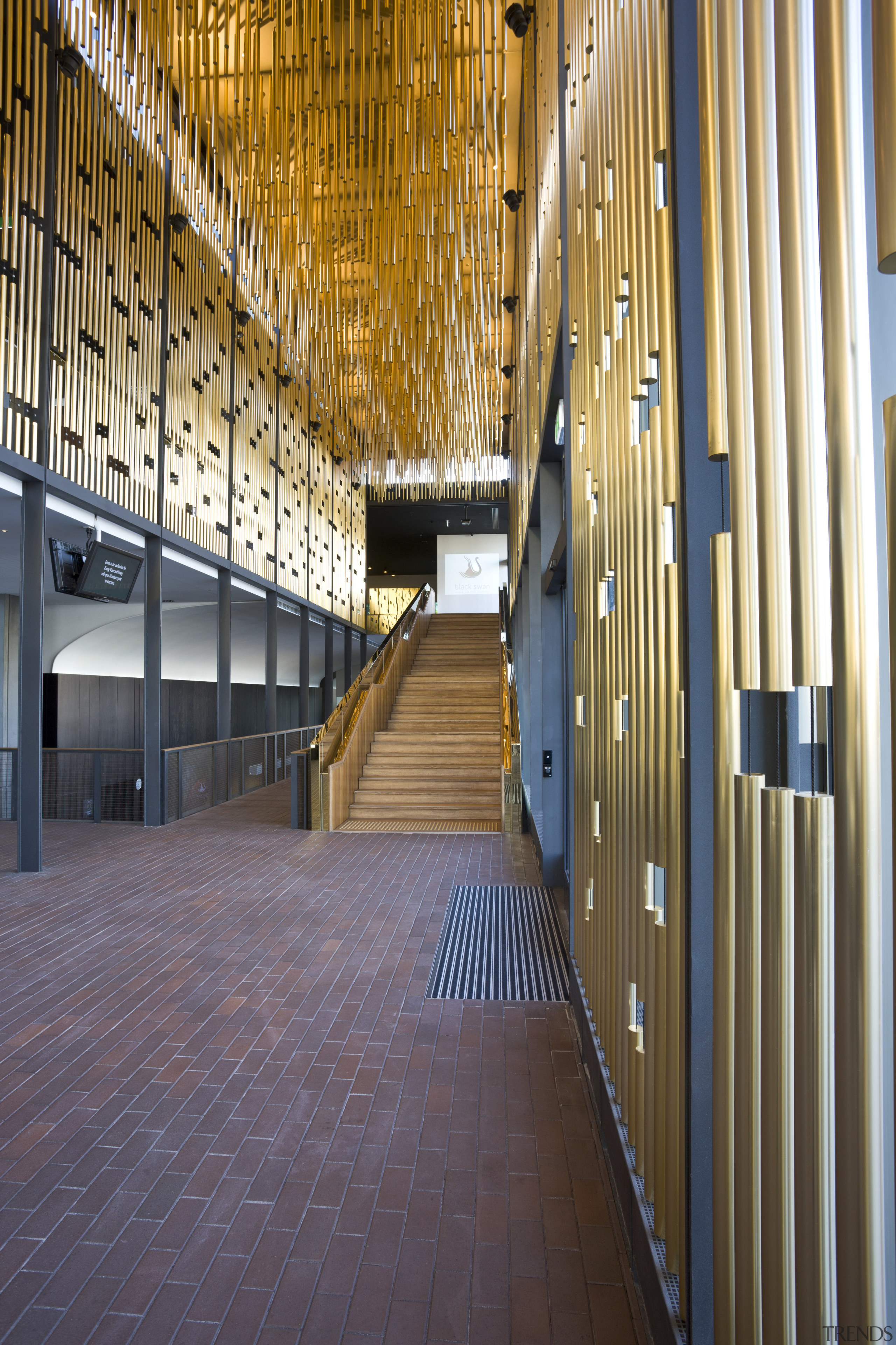 This is the Perth State Theatre, designed by architecture, building, ceiling, daylighting, floor, flooring, lobby, stairs, wood, brown