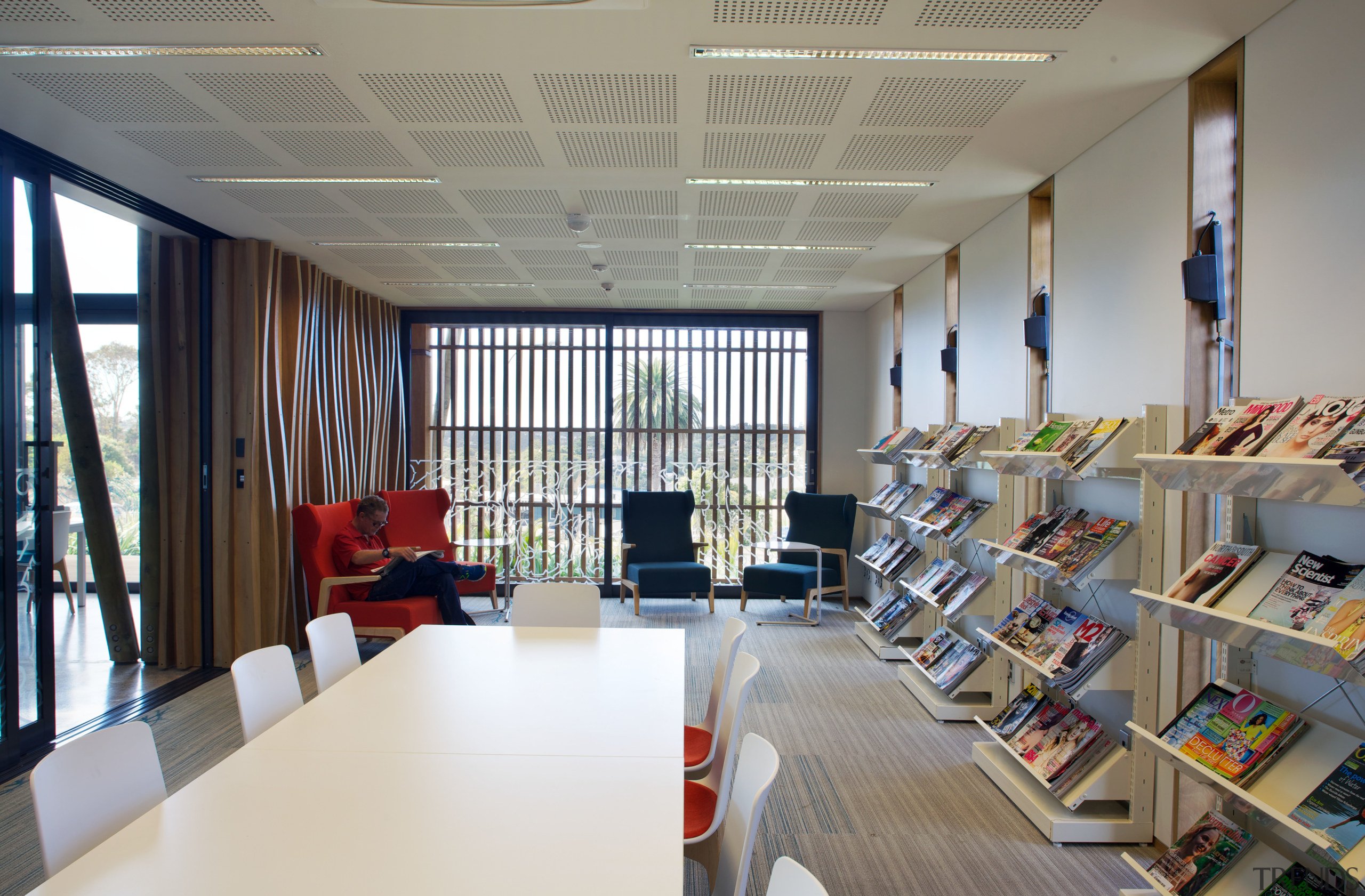 This room in the new Waiheke library can daylighting, institution, interior design, library, library science, public library, gray, white