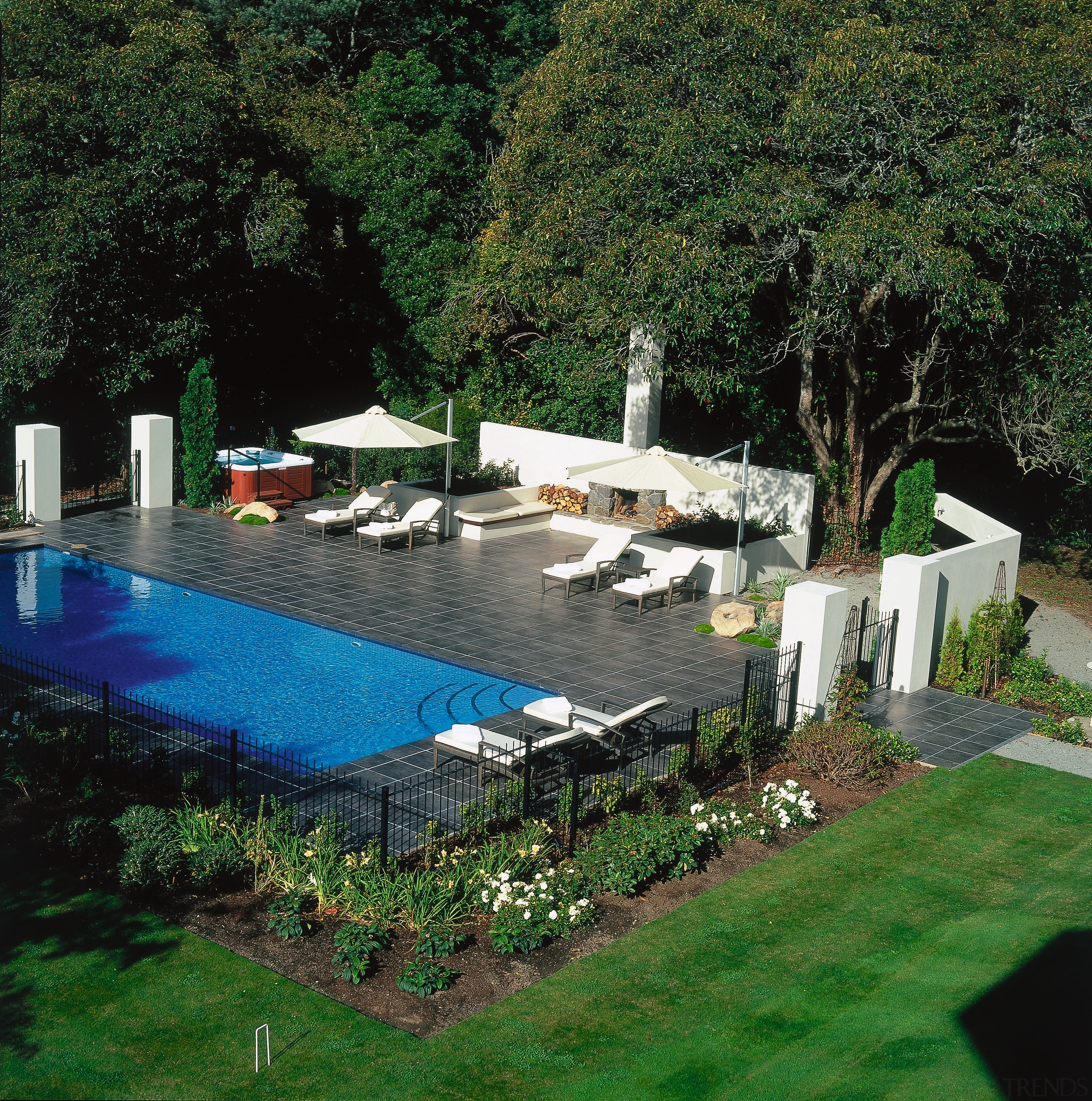 Broad view of the pool area - Broad backyard, estate, landscape, landscaping, leisure, outdoor structure, pond, real estate, swimming pool, tree, water, water feature, yard, green, black