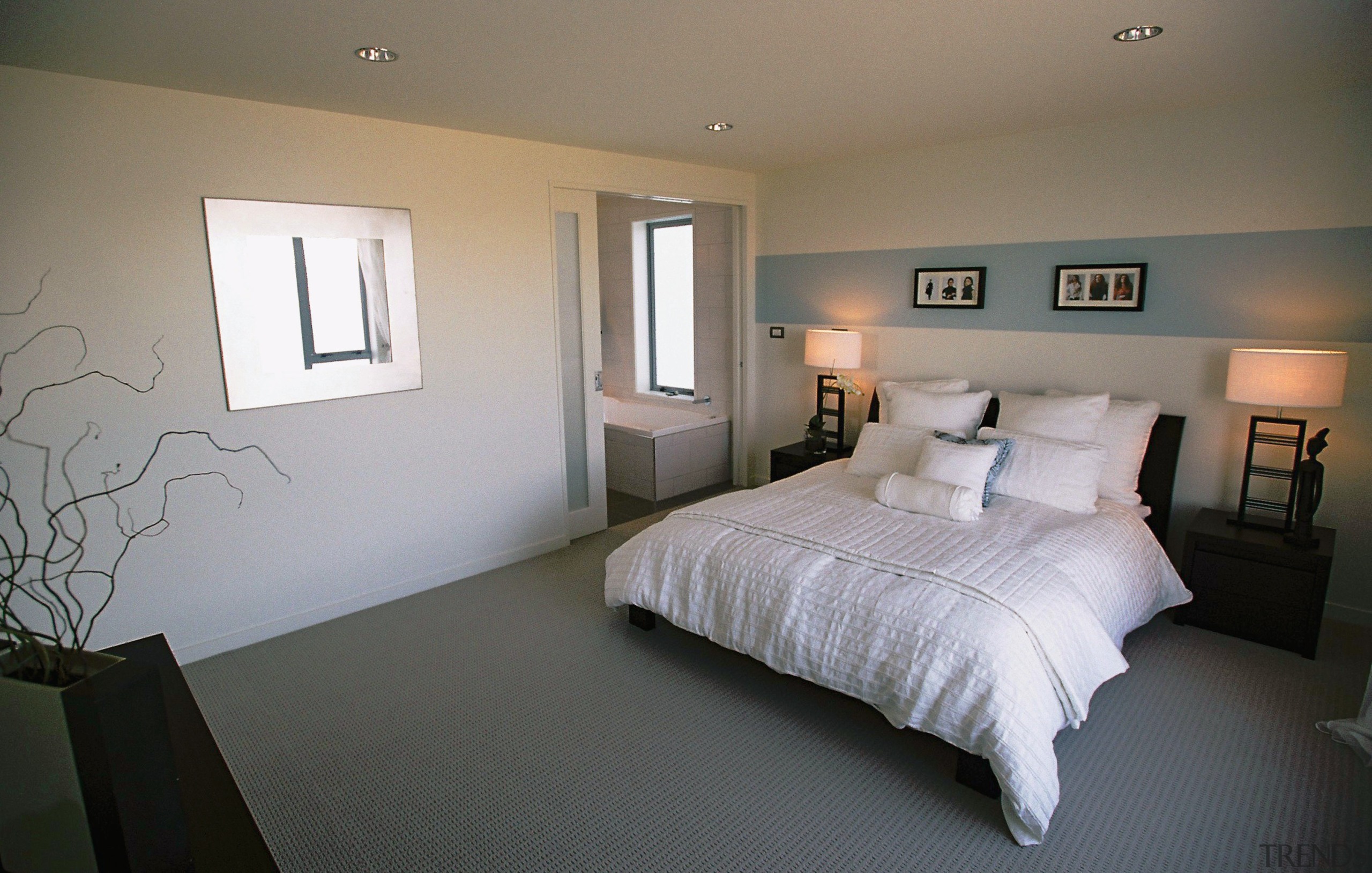 View of bedroom  with white bedding and bed frame, bedroom, ceiling, daylighting, estate, floor, home, interior design, property, real estate, room, wall, window, gray