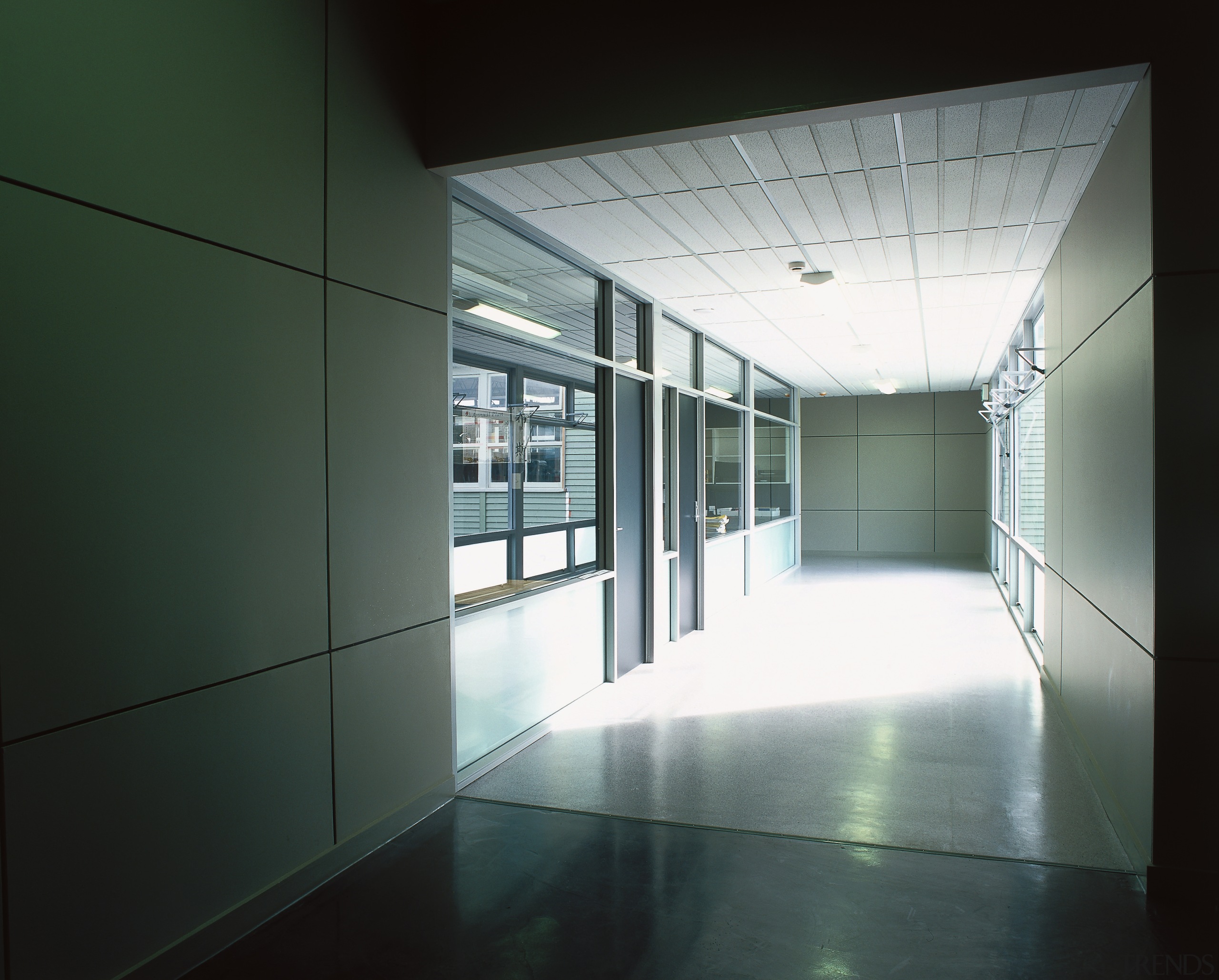 View of corridor outside classroom with ceiling and architecture, ceiling, daylighting, glass, house, interior design, line, window, black, gray