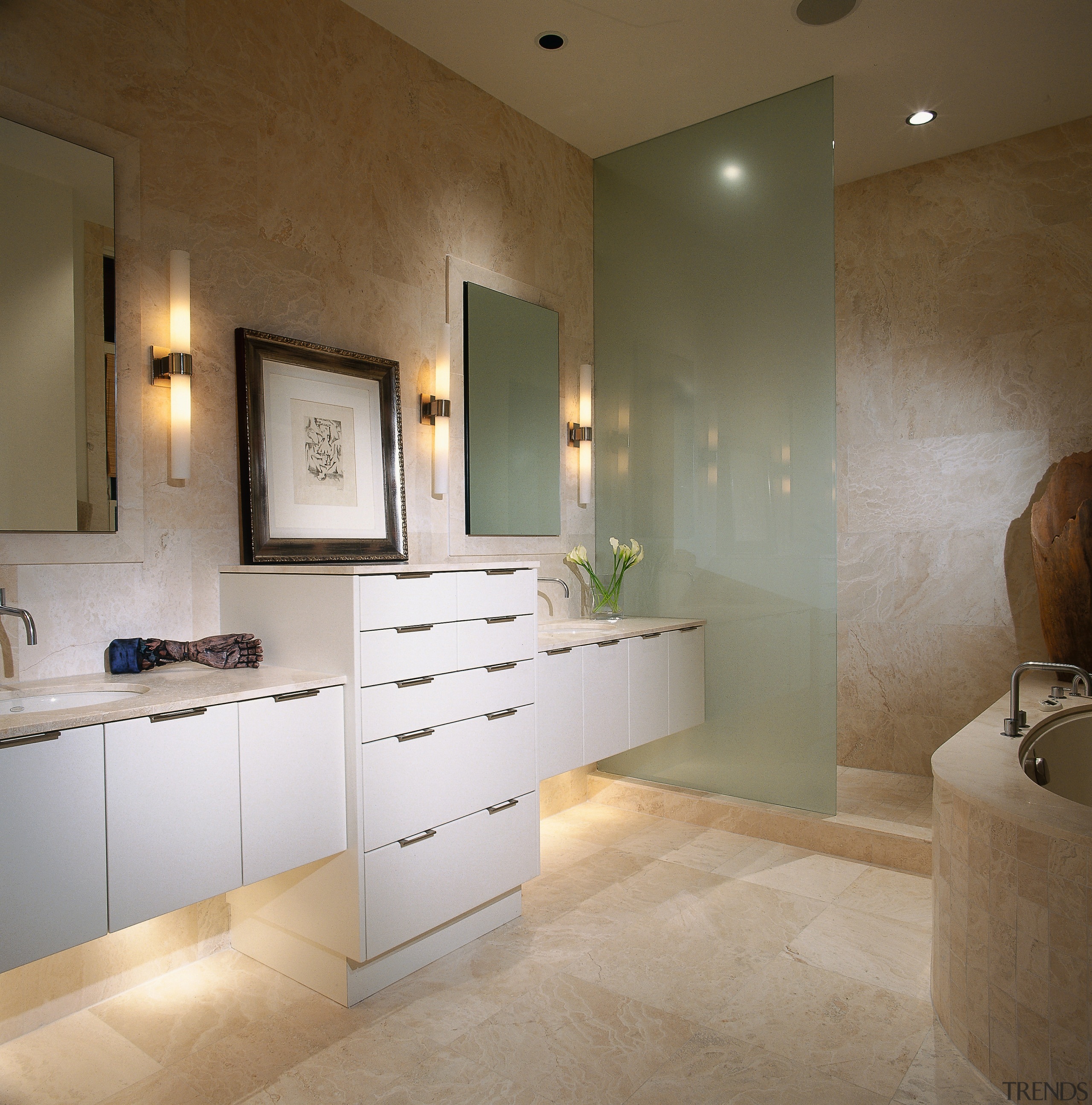 A view of the bathroom, tiled floor and bathroom, cabinetry, countertop, floor, flooring, interior design, room, sink, tile, brown, gray