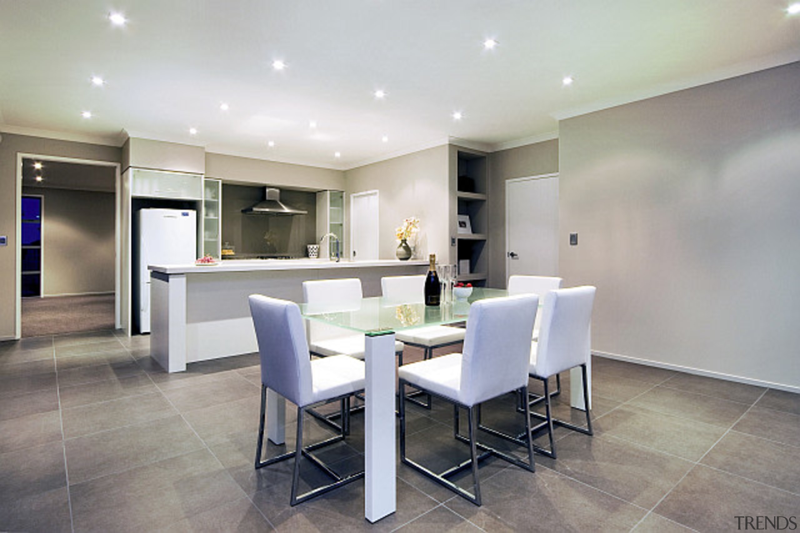 Open plan kitchen and dining area, in a ceiling, dining room, floor, flooring, interior design, property, real estate, room, table, gray