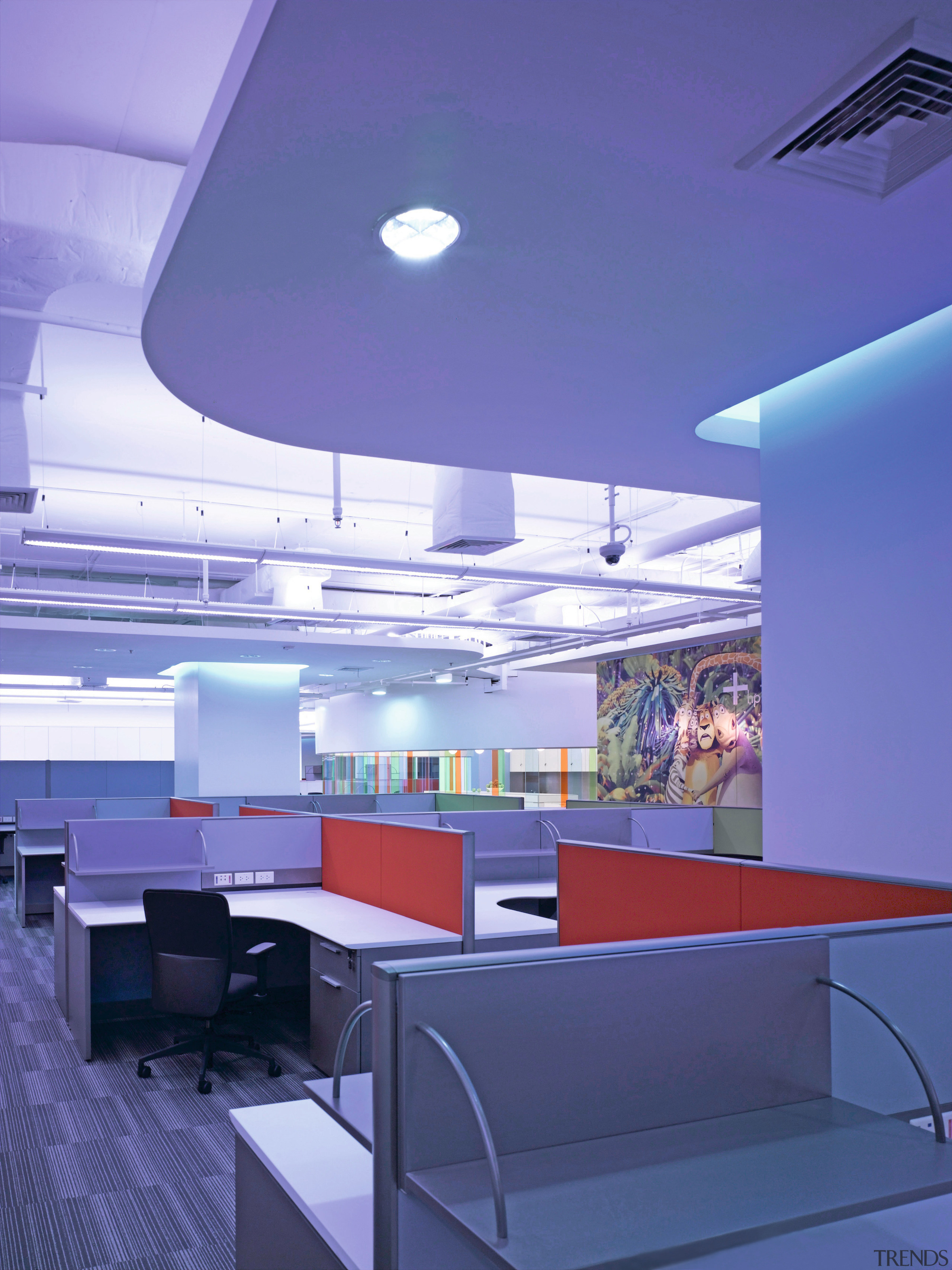 An interior view of the new HP office architecture, ceiling, daylighting, interior design, lighting, office, product design, purple, blue