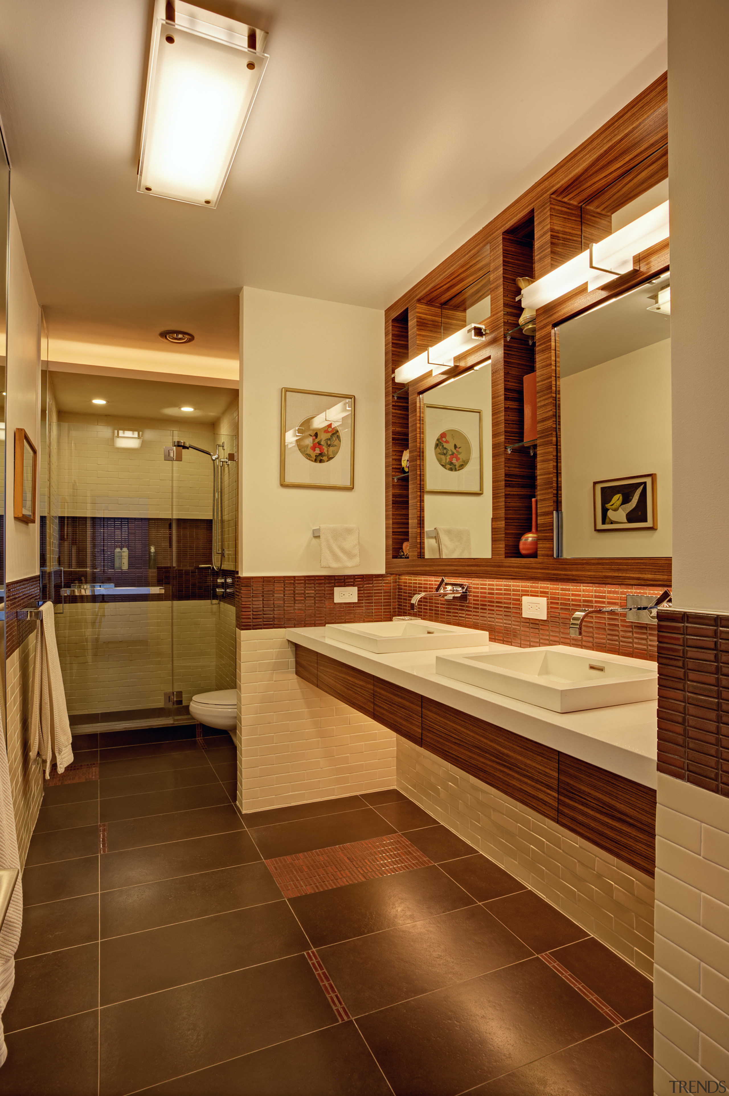 This bathroom by architect and designer Ed Kaplan bathroom, ceiling, estate, floor, flooring, home, interior design, real estate, room, brown, orange