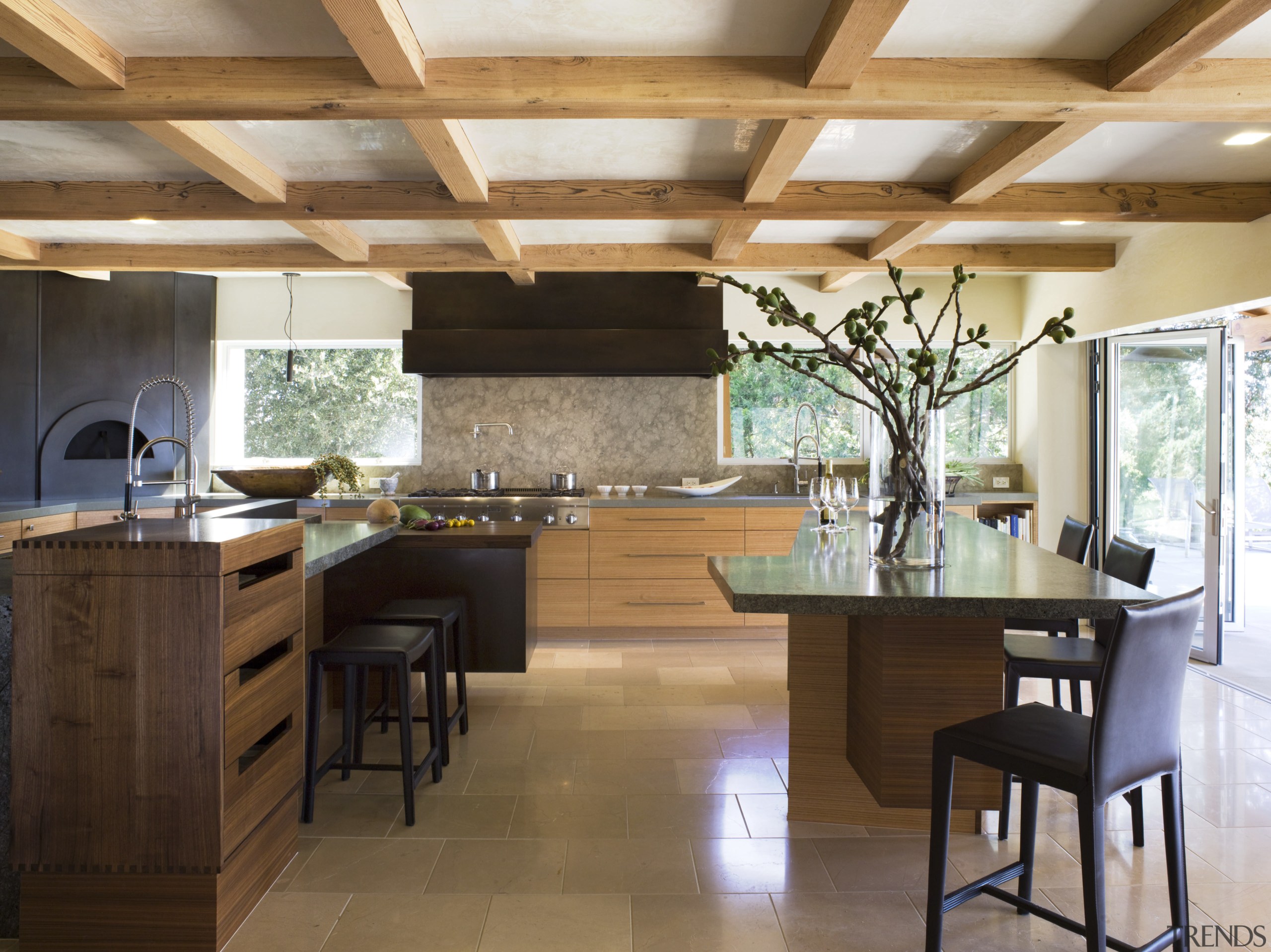 Ranch-style kitchen by Applegate Tran Interiors - Ranch-style cabinetry, ceiling, countertop, cuisine classique, flooring, hardwood, interior design, kitchen, real estate, room, brown