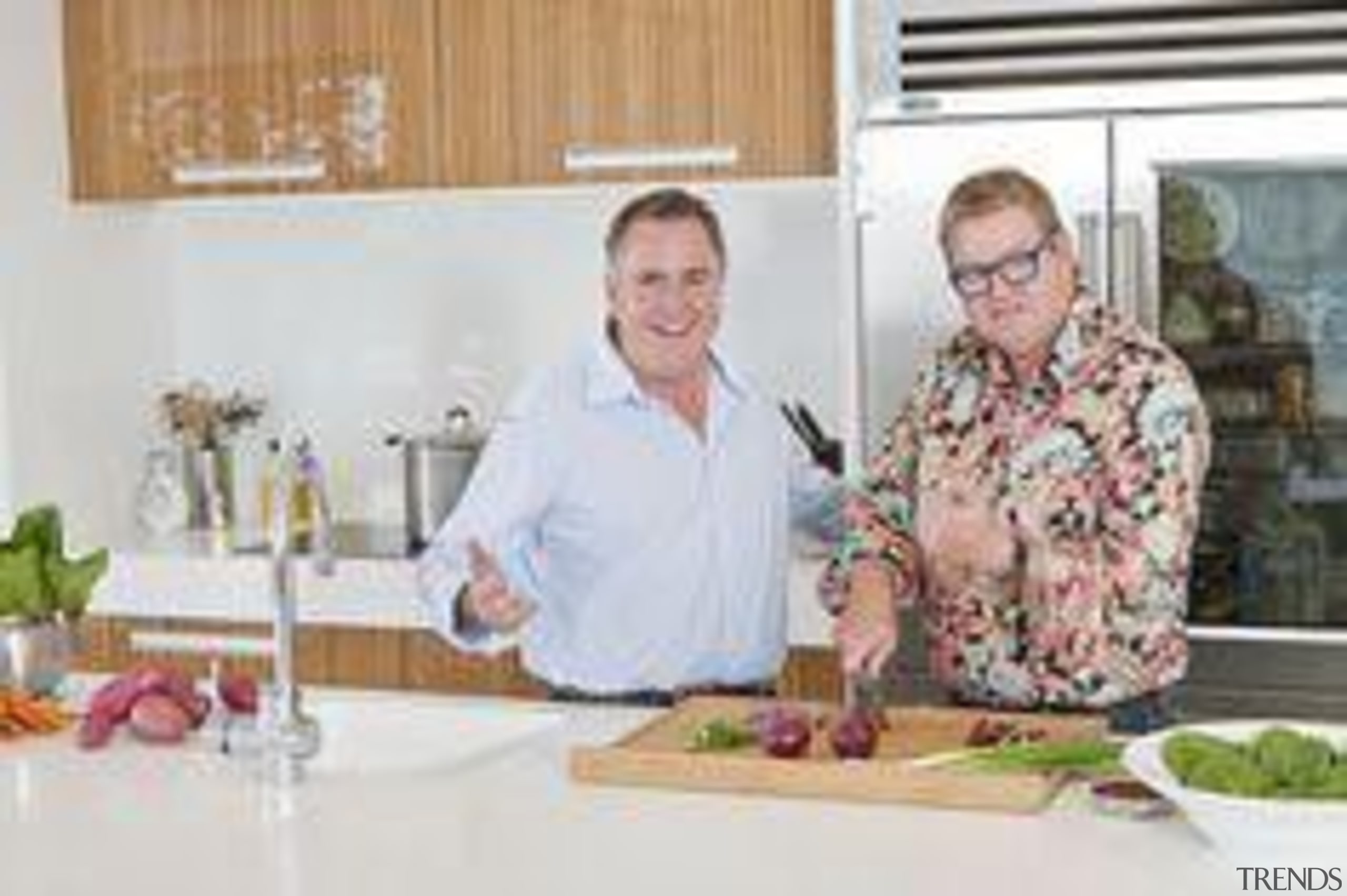 Mal Corboy with Simon Gault - Designer - brunch, cook, cooking, cuisine, dish, floral design, floristry, flower, flower arranging, food, lunch, meal, professional, senior citizen, service, white