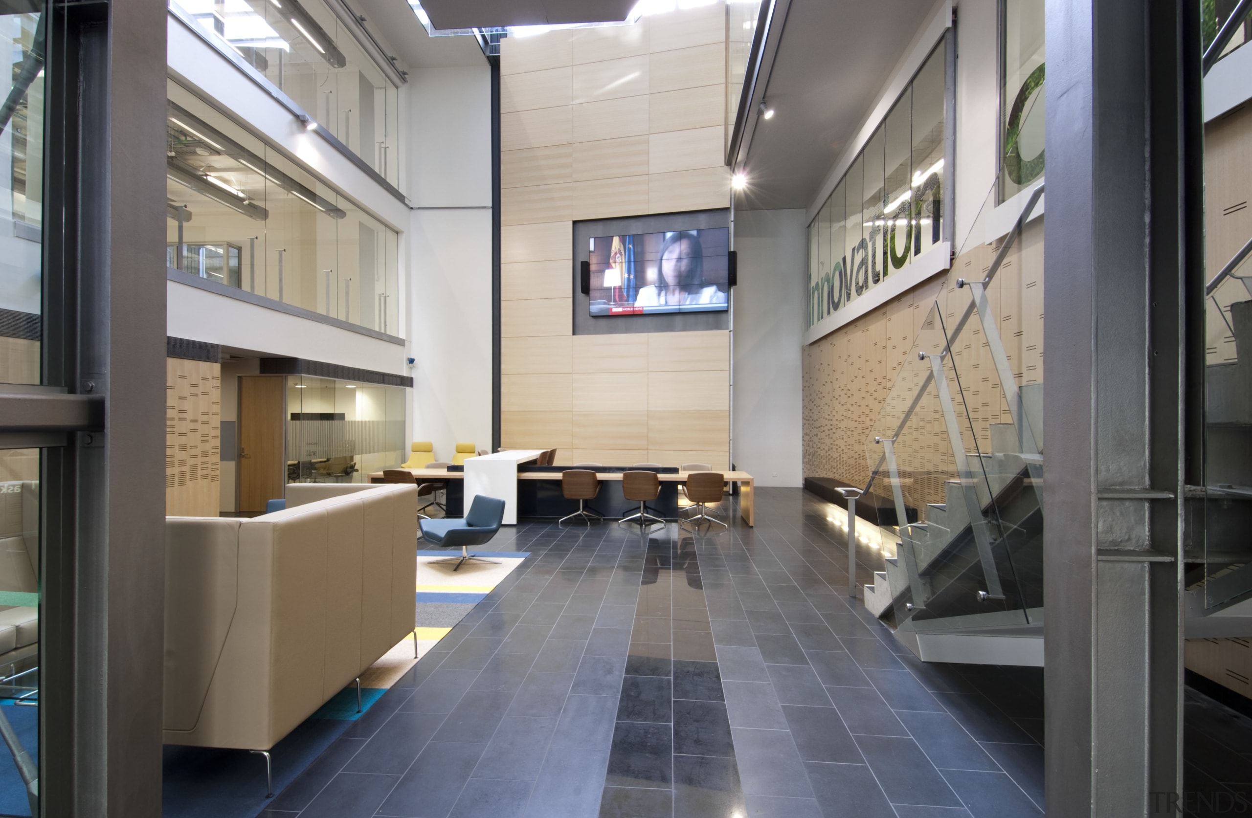 Here is a view of the new Telecom architecture, daylighting, interior design, lobby, gray
