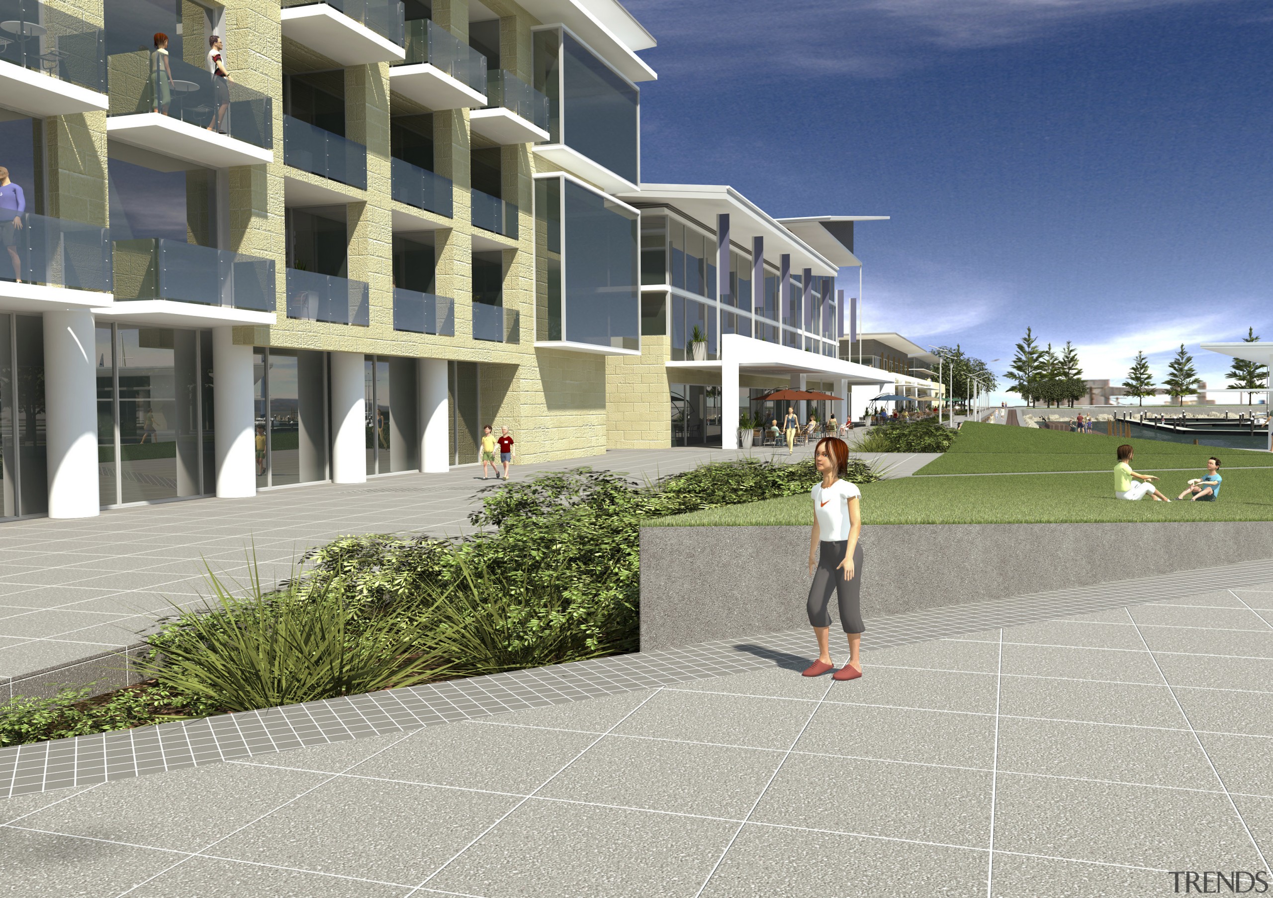 View of the Carnarvon doreshore in Gascoyne which apartment, architecture, building, condominium, estate, house, mixed use, neighbourhood, property, real estate, residential area, urban design, walkway, gray