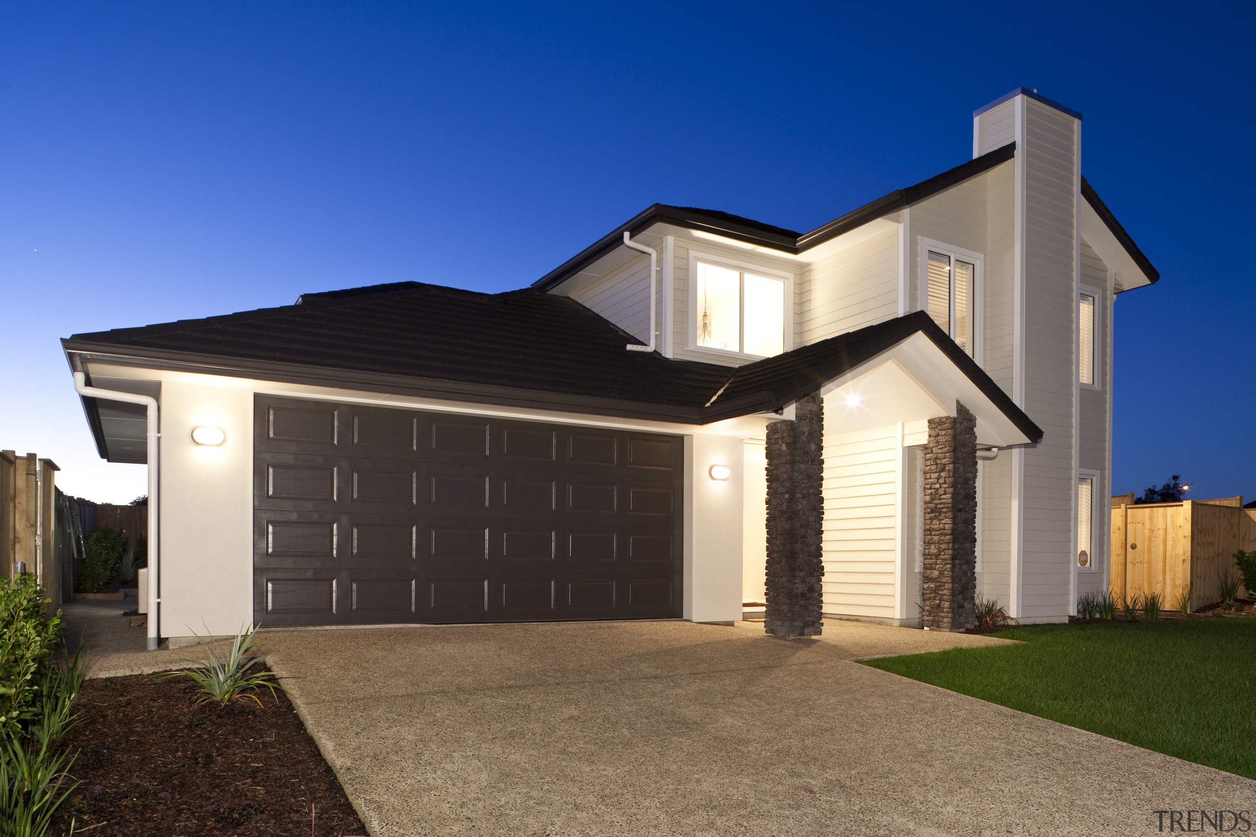 Exterior view of home which features weatherboard cladding, building, elevation, estate, facade, home, house, lighting, property, real estate, residential area, siding, blue