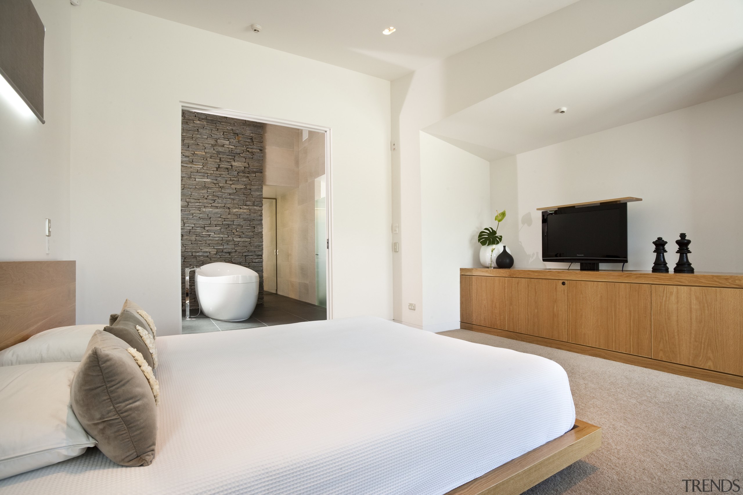 Interior view of this contemporary bathroom - Interior bed frame, bedroom, ceiling, estate, floor, interior design, property, real estate, room, suite, wall, white