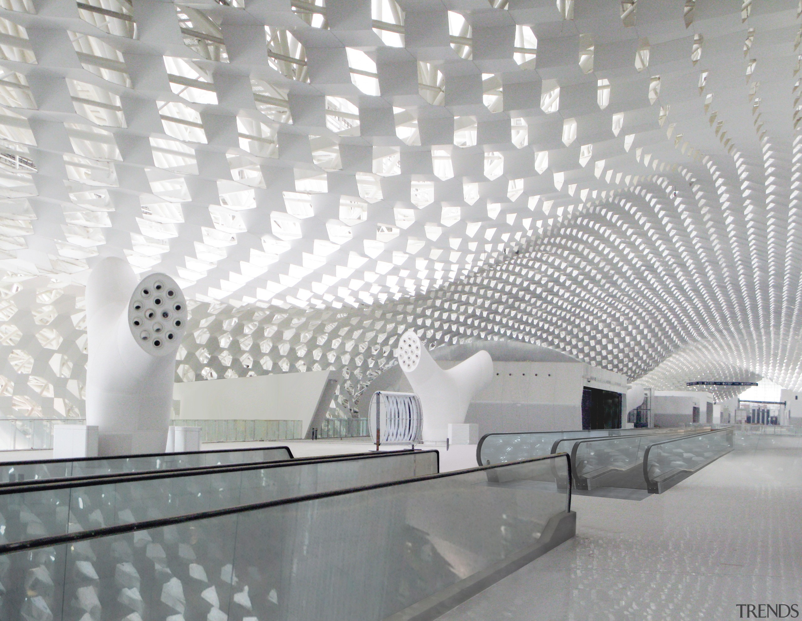 Looking much like a giant sculpture from both architecture, ceiling, daylighting, interior design, product design, structure, tourist attraction, gray, white