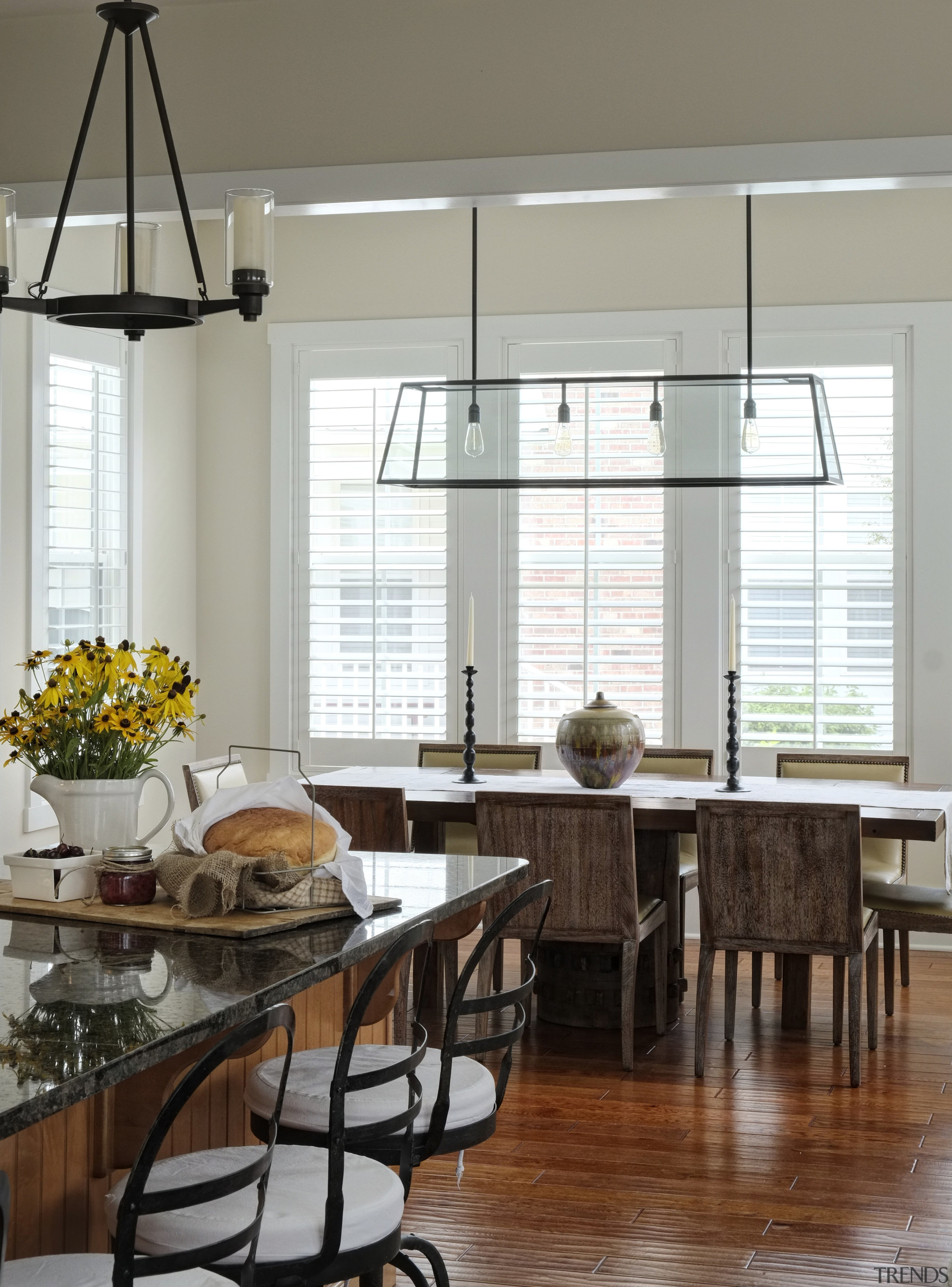 Dining area in Amish style new home - chair, dining room, furniture, home, interior design, living room, room, table, window, window covering, gray