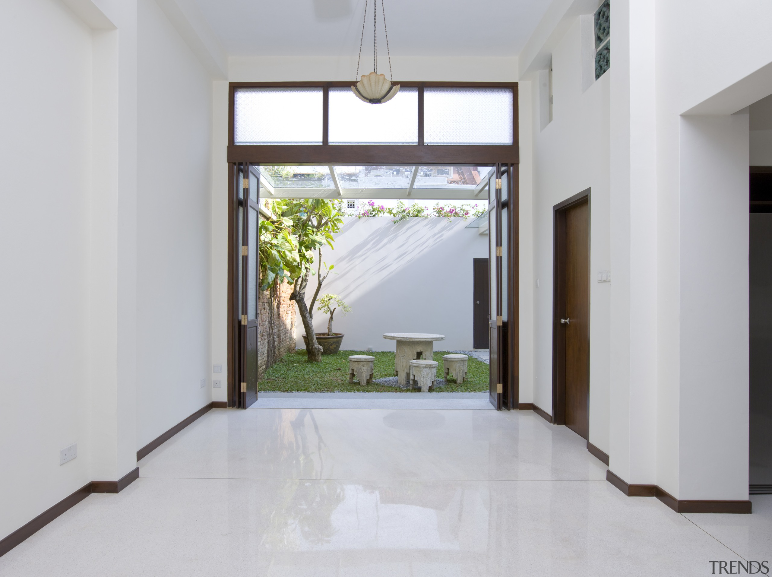 Entranceway opening onto outdoor garden area - Entranceway daylighting, estate, floor, flooring, house, interior design, property, real estate, window, gray