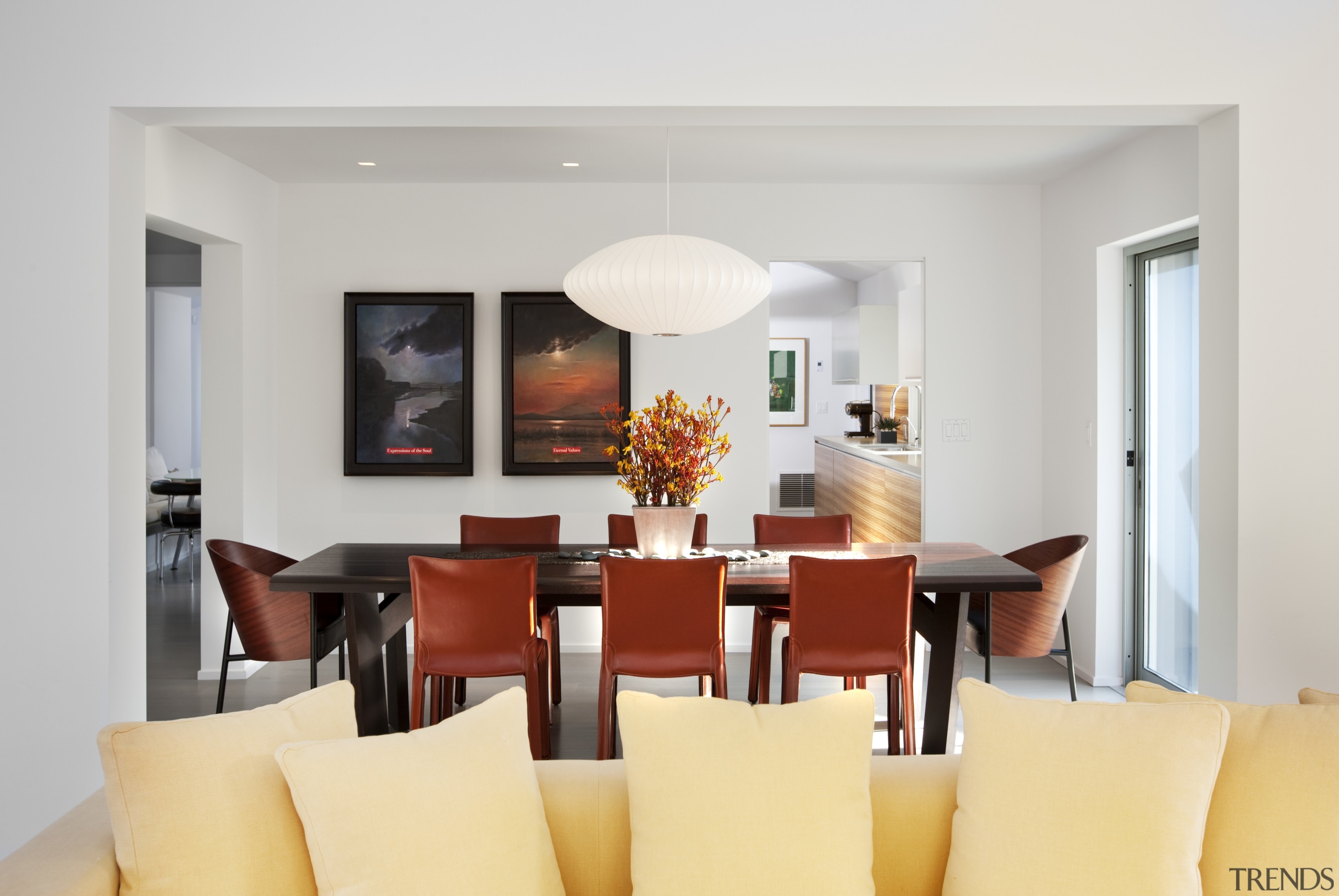 View of a house with landscaped forecourt, pool ceiling, dining room, furniture, interior design, real estate, room, table, gray