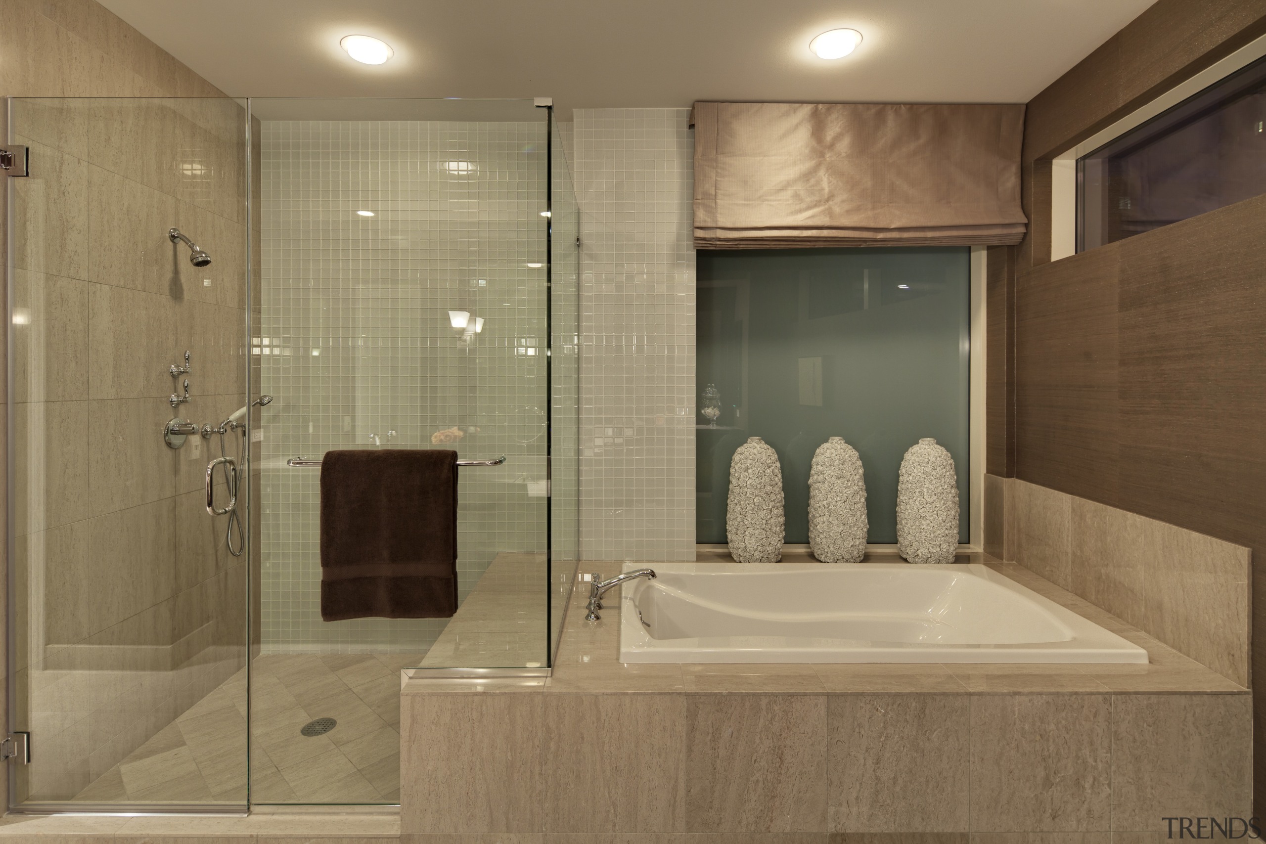 This master suite was designed by the Gary bathroom, floor, interior design, plumbing fixture, room, tile, brown