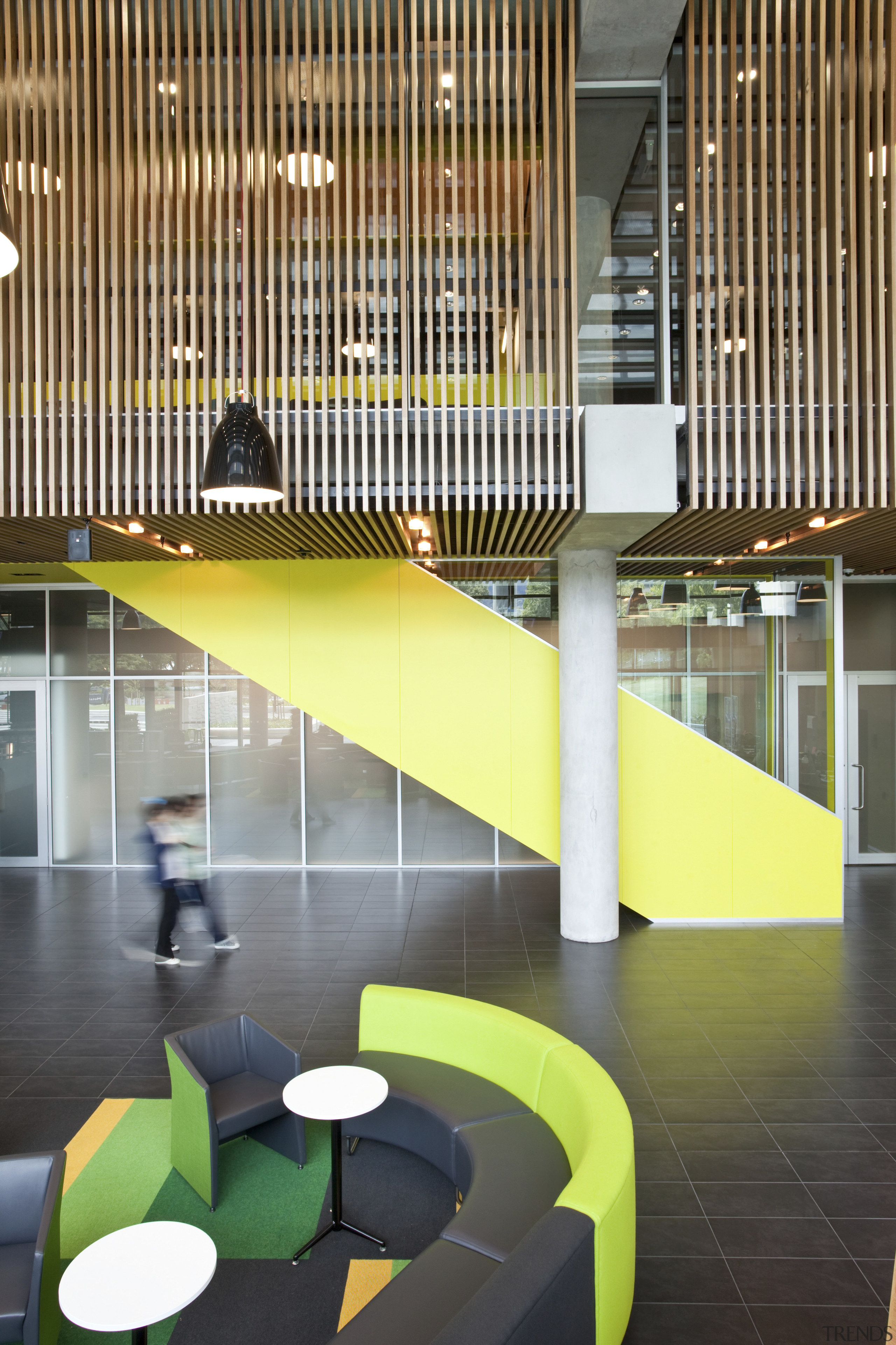 Green and black booth seating. - Green and architecture, ceiling, condominium, daylighting, floor, flooring, furniture, house, interior design, line, lobby, stairs