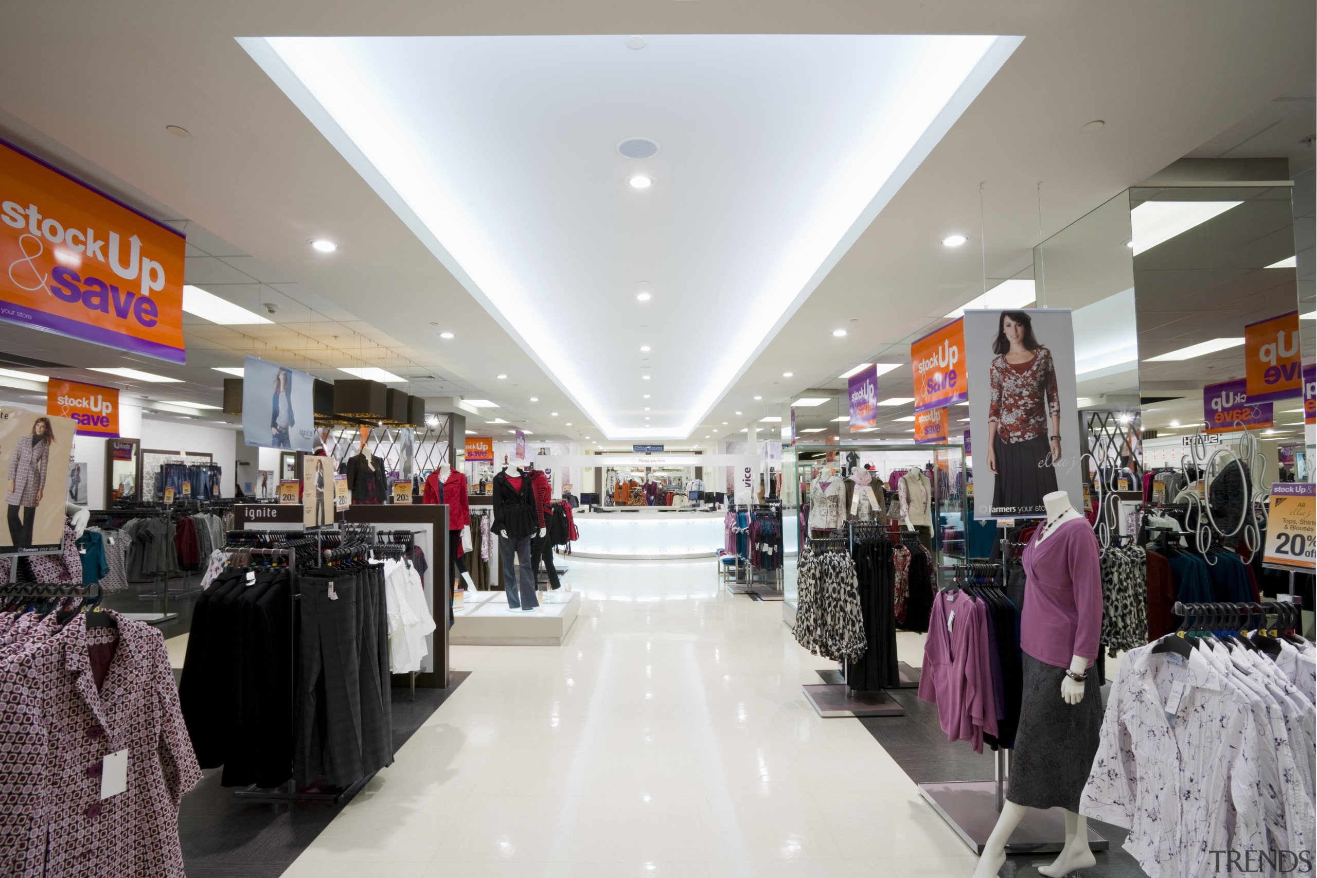 The ceilings thgroughout the Farmers flagship store in interior design, outlet store, retail, shopping, shopping mall, white, gray