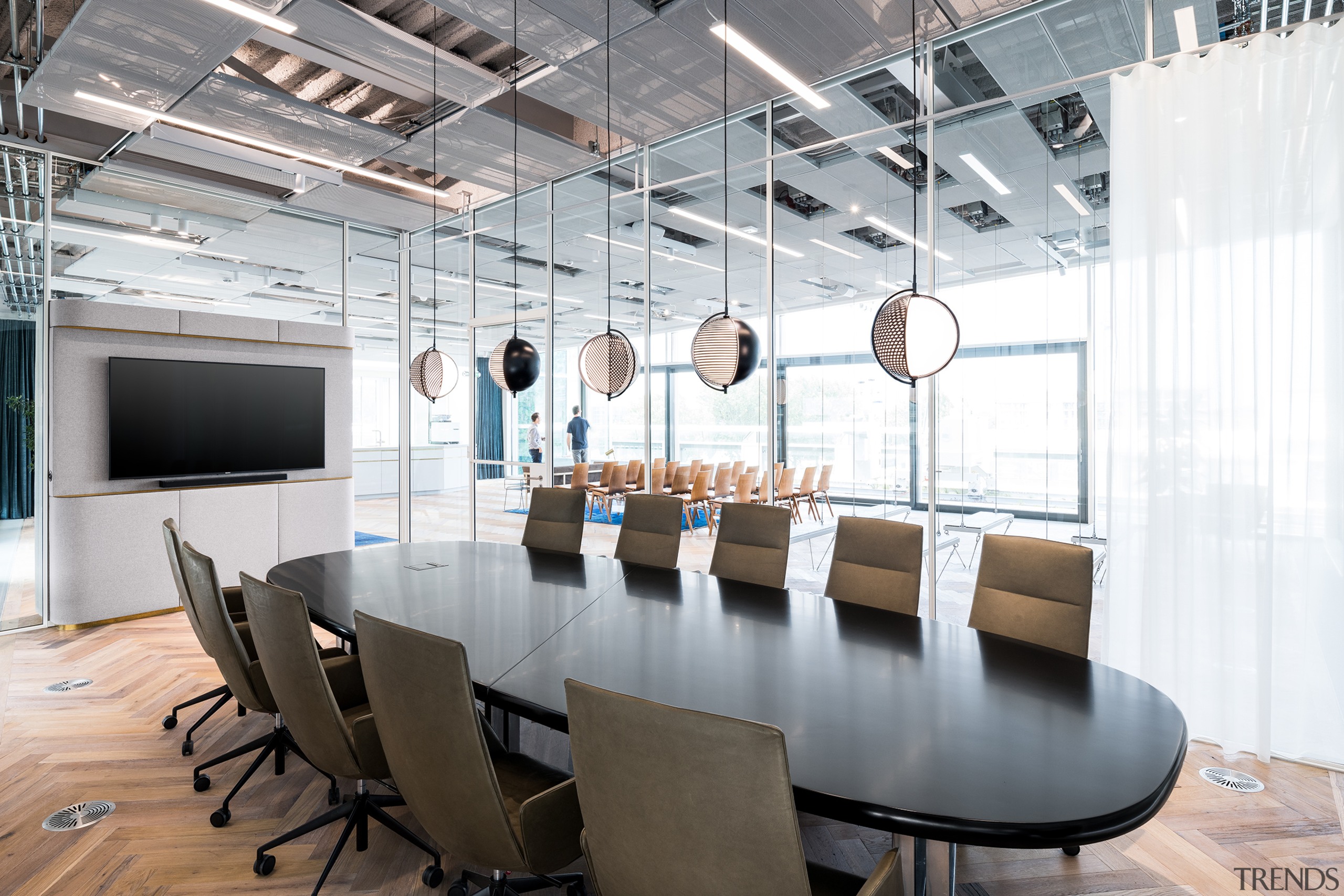 Large mid-century boardroom table, designed by Osvaldo Borsani, architecture, building, ceiling, chair, conference hall, design, floor, flooring, furniture, headquarters, interior design, light fixture, lighting, loft, office, office chair, room, table, white