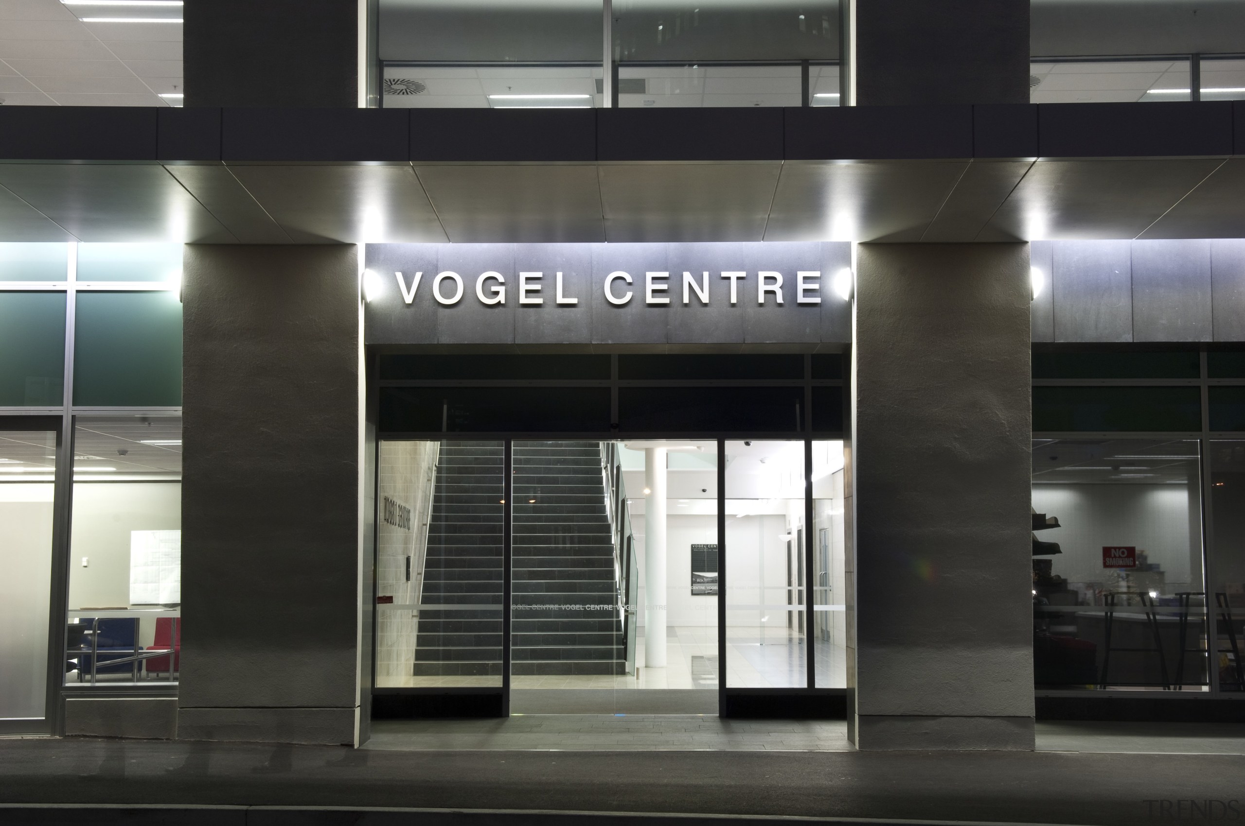 View of the entrance of the Vogel Center building, facade, glass, black