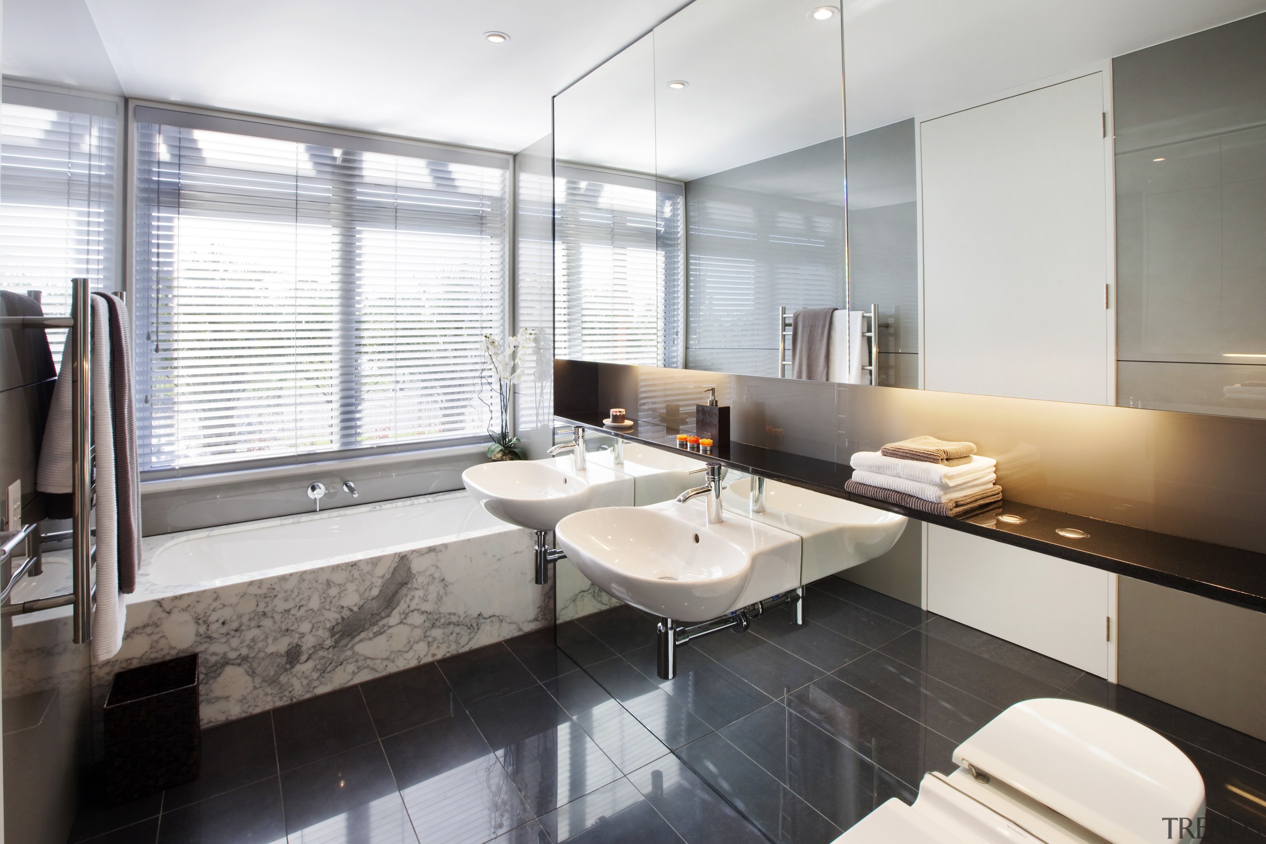 This home was designed by Jorgen Frandsen of bathroom, interior design, real estate, room, white, gray