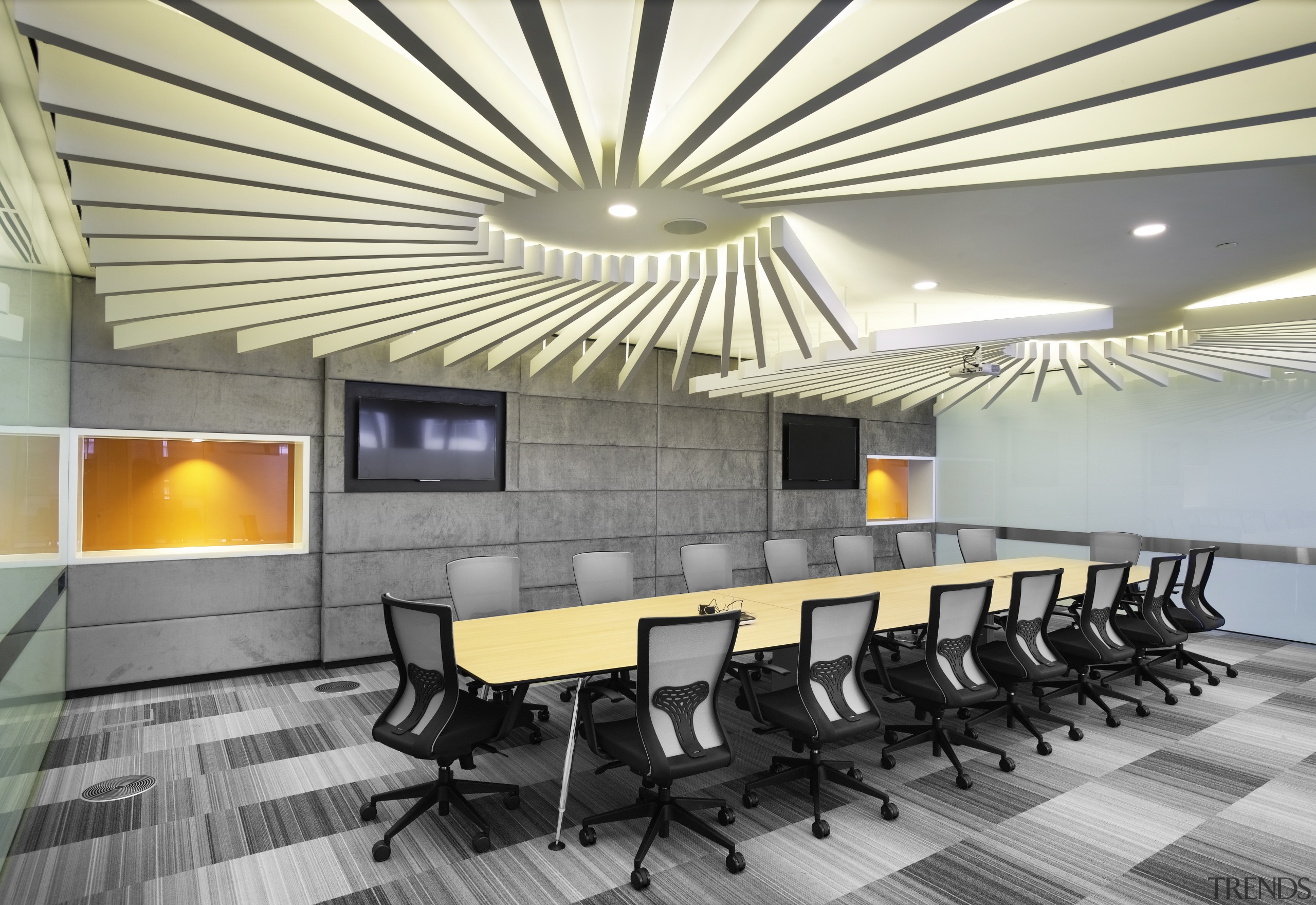 On this fit-out, the contemporary boardrooms swirling feature architecture, ceiling, conference hall, interior design, lobby, table, gray, yellow